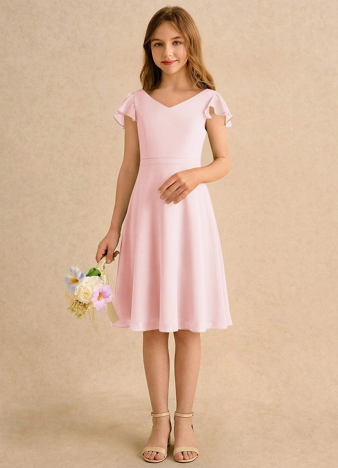 Azazie Narin Girls Formal Sukienki dla dziewczynek sypiących kwiaty Linia A z rękawami Szyfon Długość do kolan Sukienka image2