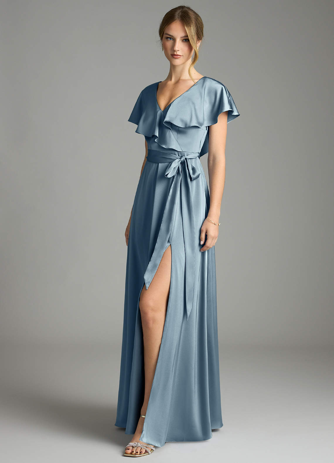 Azazie Lainey Bridesmaid Dresses Dusty Blue A-Line with Pockets Stretch Satin Dress image1