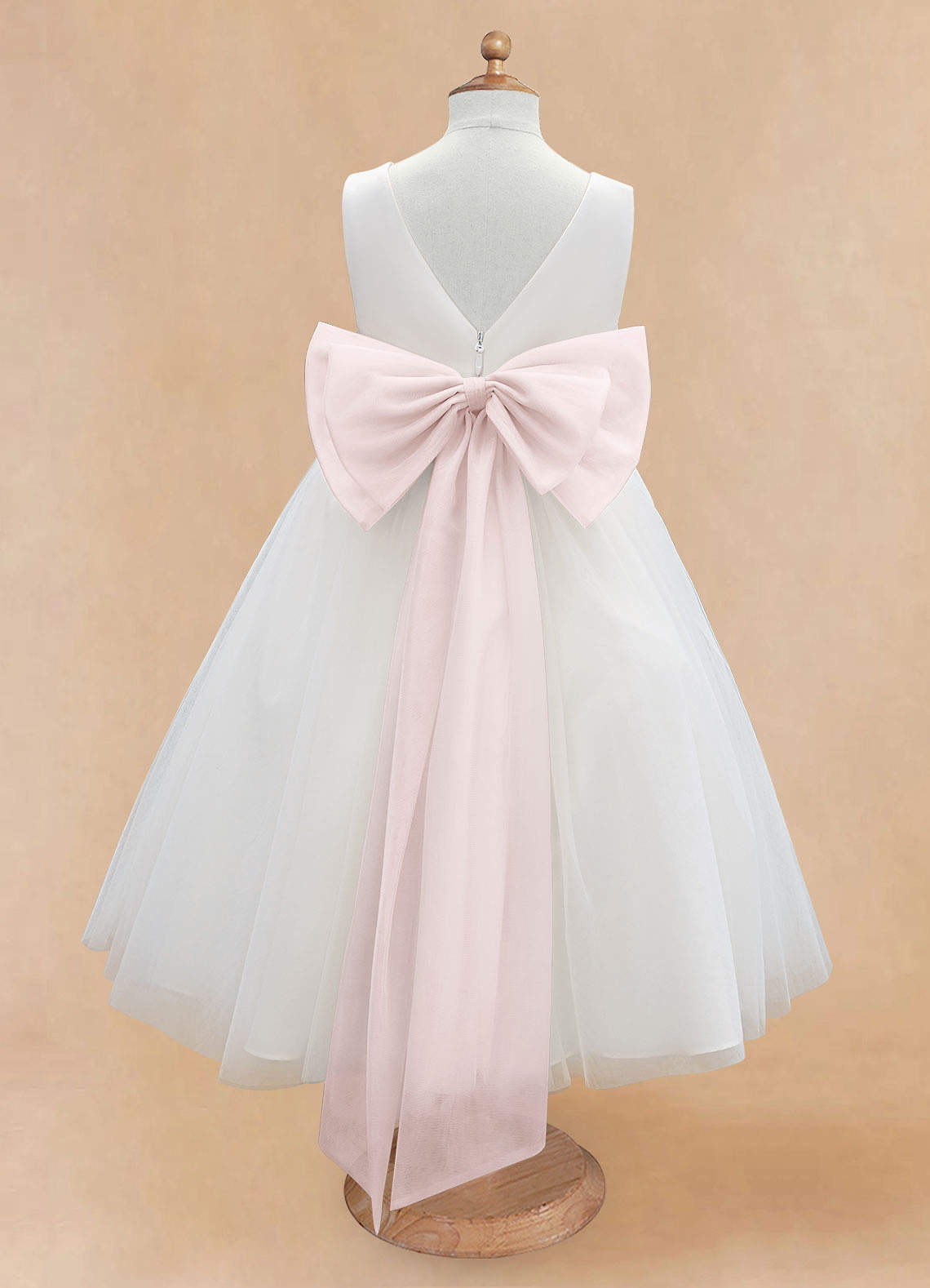 Azazie Kavi Flower Girl Dresses Ivory Blushing Pink A-Line Bow Matte Satin Dress image7