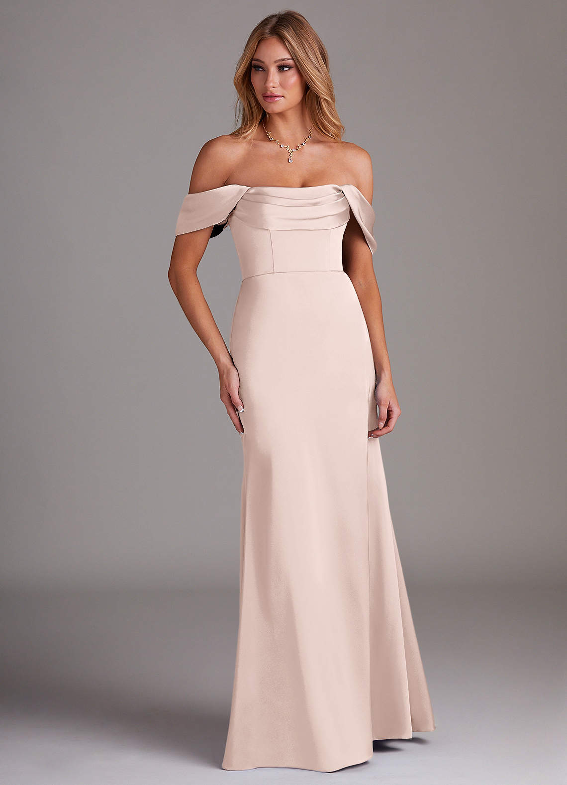 Azazie Saige Bridesmaid Dresses Blushing Pink Sheath Off the Shoulder Stretch Satin Dress image3