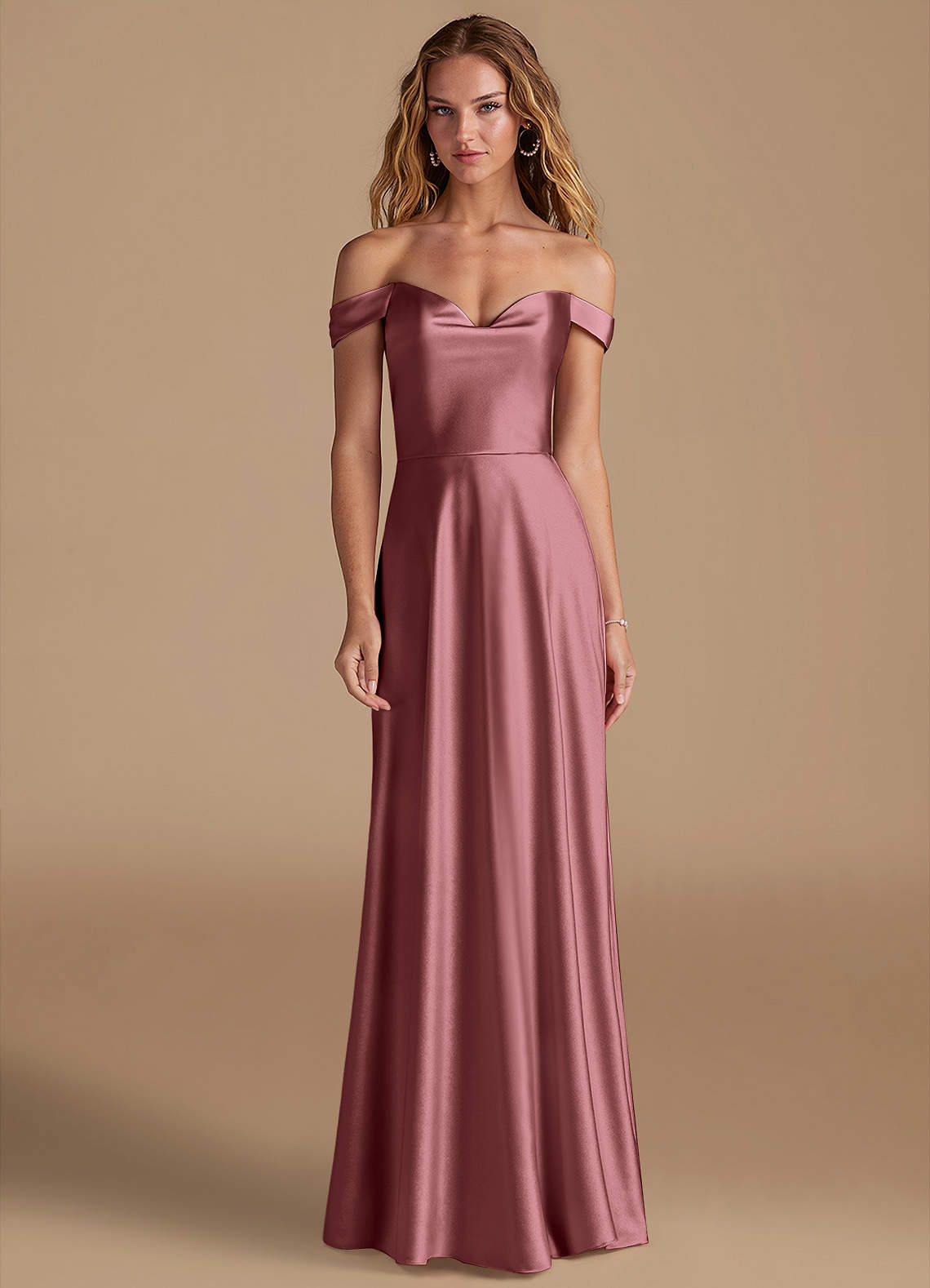 Azazie Jackalin Bridesmaid Dresses Vintage Mauve A-Line Off the Shoulder Metallic Satin Convertible Dress image1