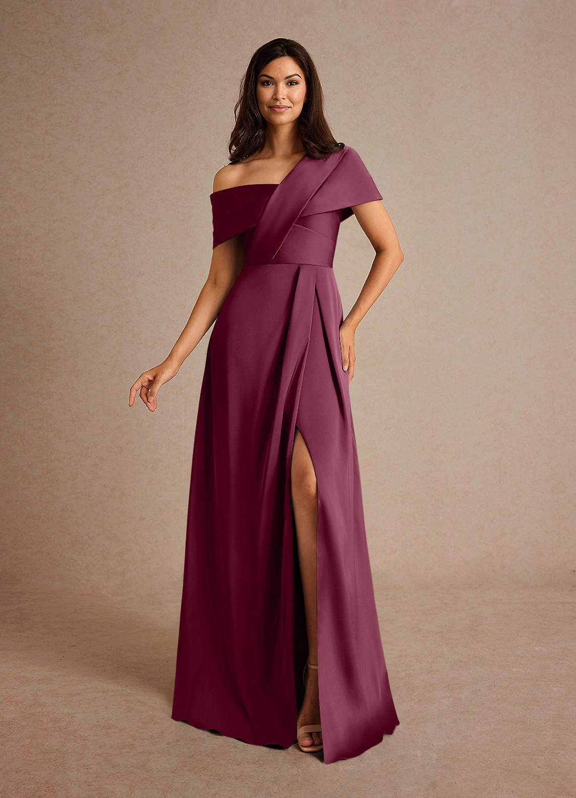Azazie Milton Mother of the Bride Dresses Mulberry A-Line Pleated Stretch Satin Dress image1