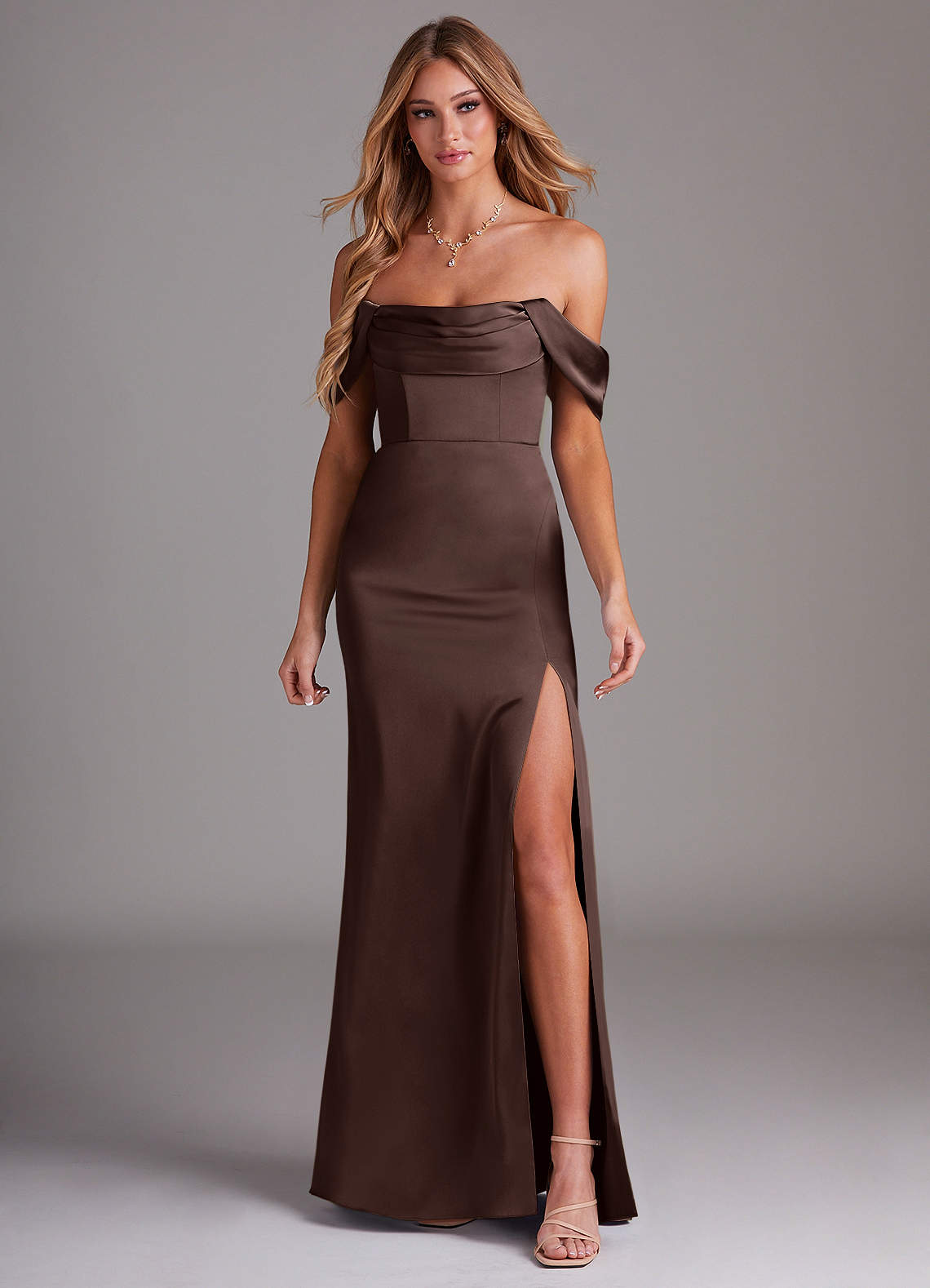 Azazie Saige Bridesmaid Dresses Ganache Sheath Off the Shoulder Stretch Satin Dress image2