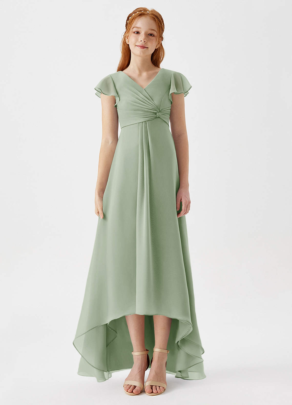 Azazie Breanne Junior Vestido de Salvia Polvorienta de Gasa de Corte En A image5