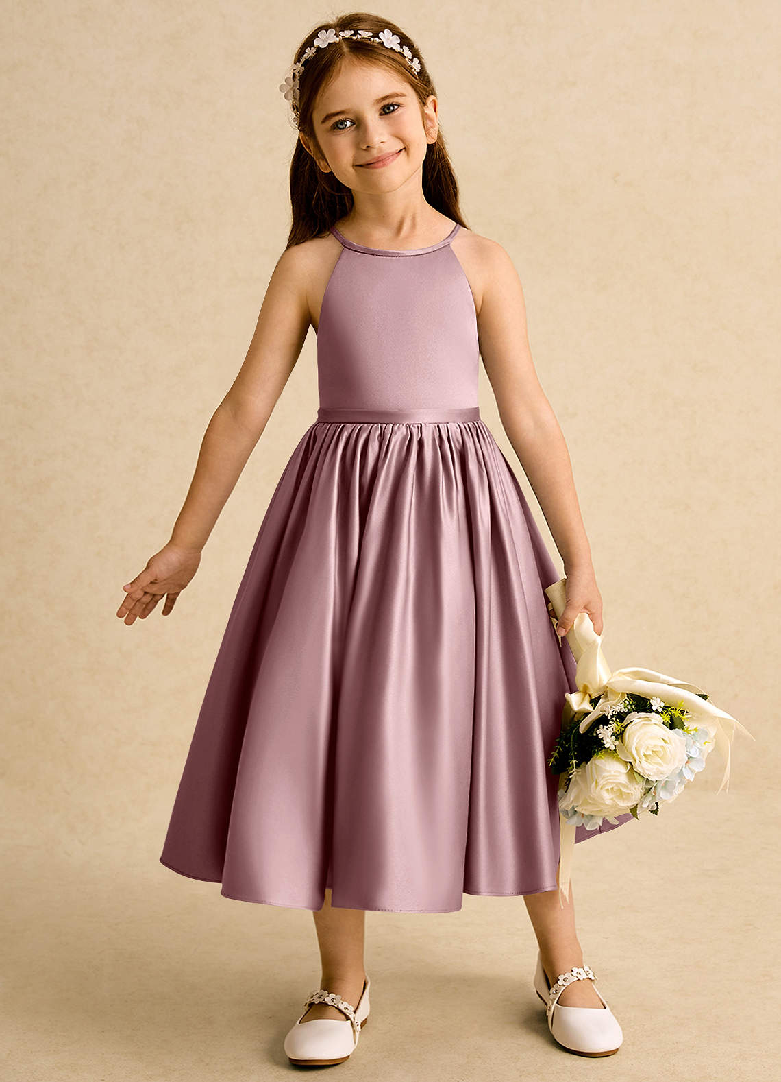 Azazie Indi vestidos de niña de las flores Vestido de Rosa Polvorienta de Satin Mate de Corte En A con Lazo image1