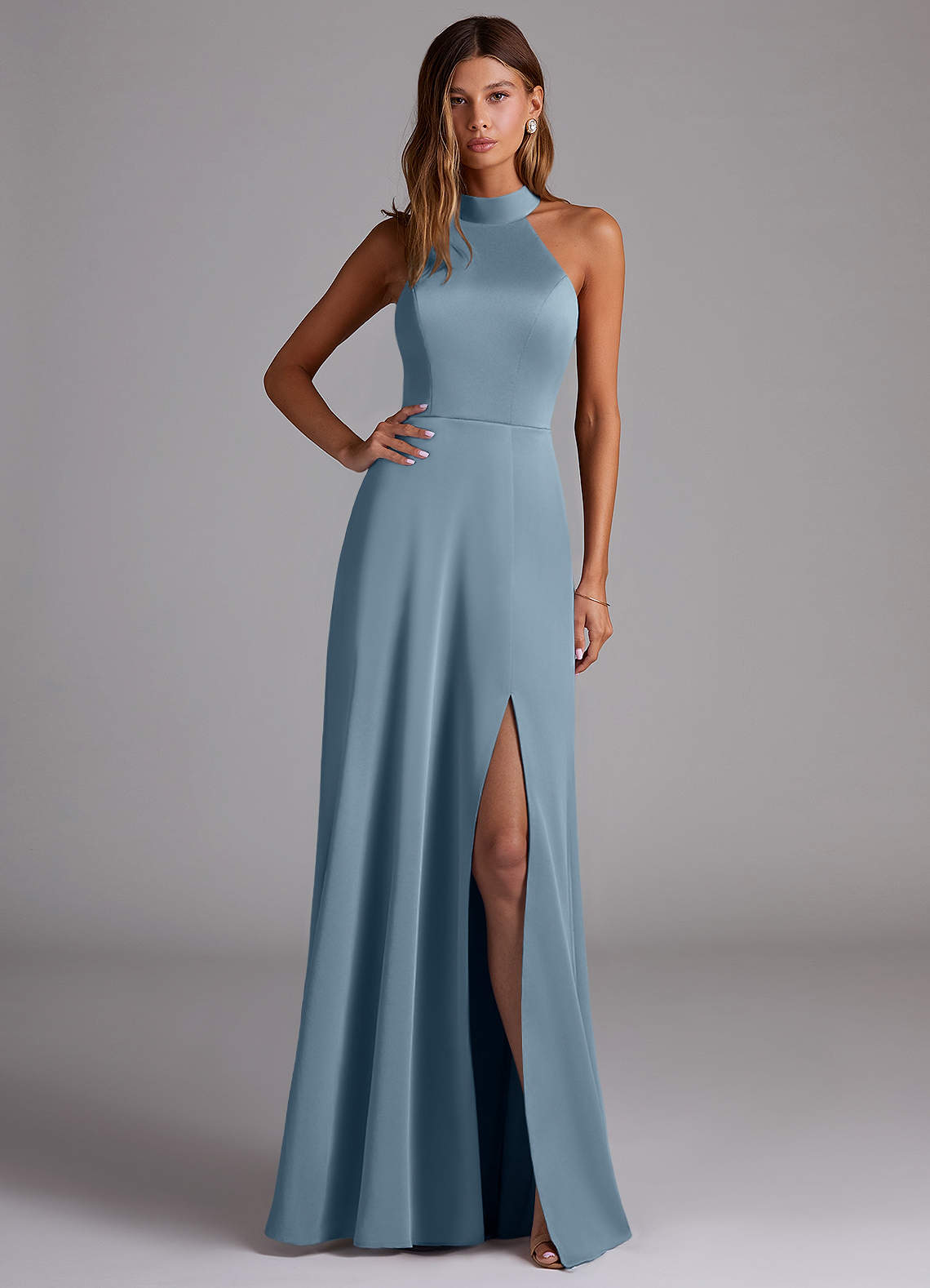 Azazie Myra Bridesmaid Dresses Dusty Blue A-Line Side Slit Stretch Satin Dress image1