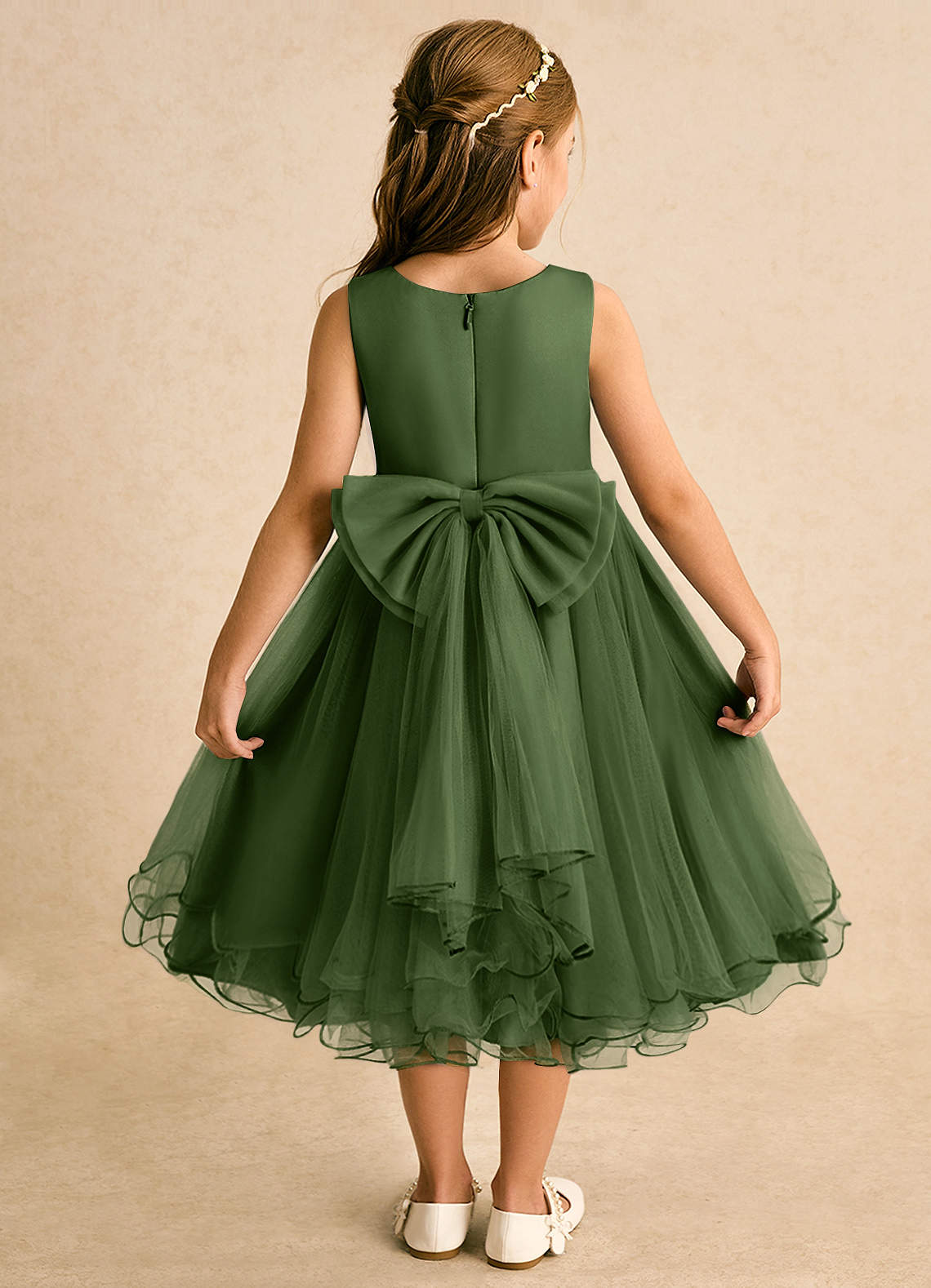 Azazie Lass vestidos de niña de las flores Vestido de Oliva de Tul de Corte En A con Lazo image1
