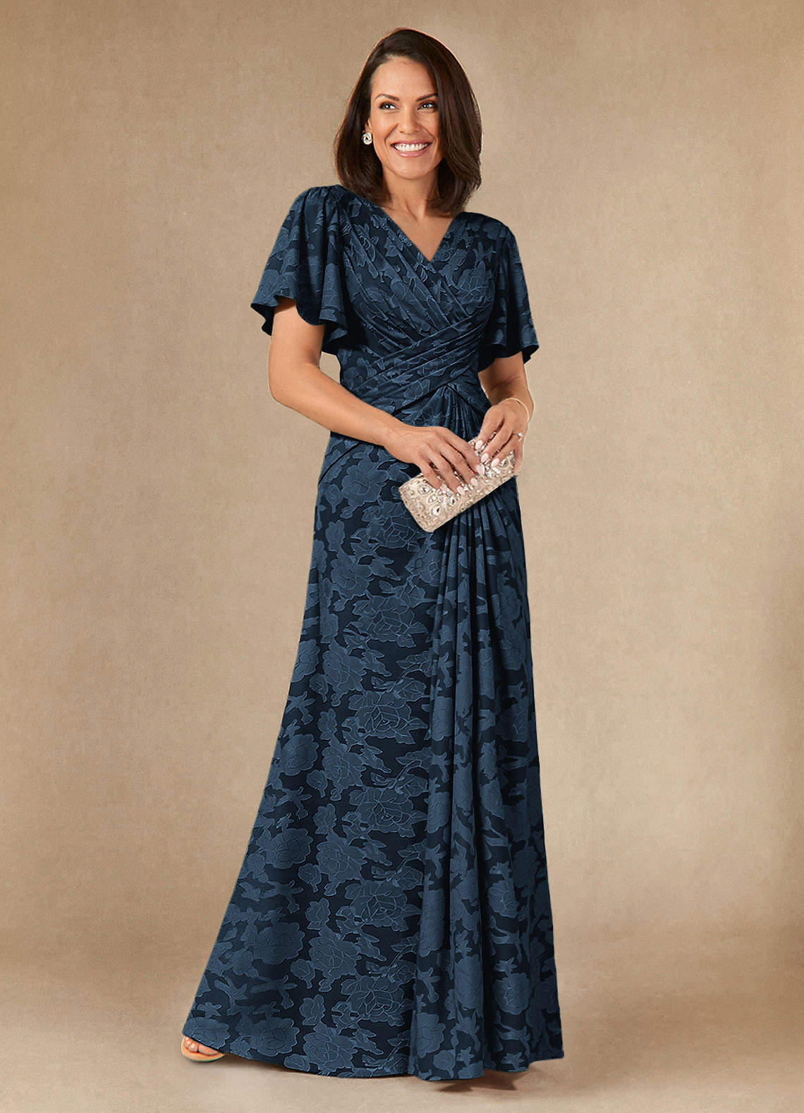 Azazie Emmeline Dark Navy A-Line Pleated Floral Burnout Dress | Azazie