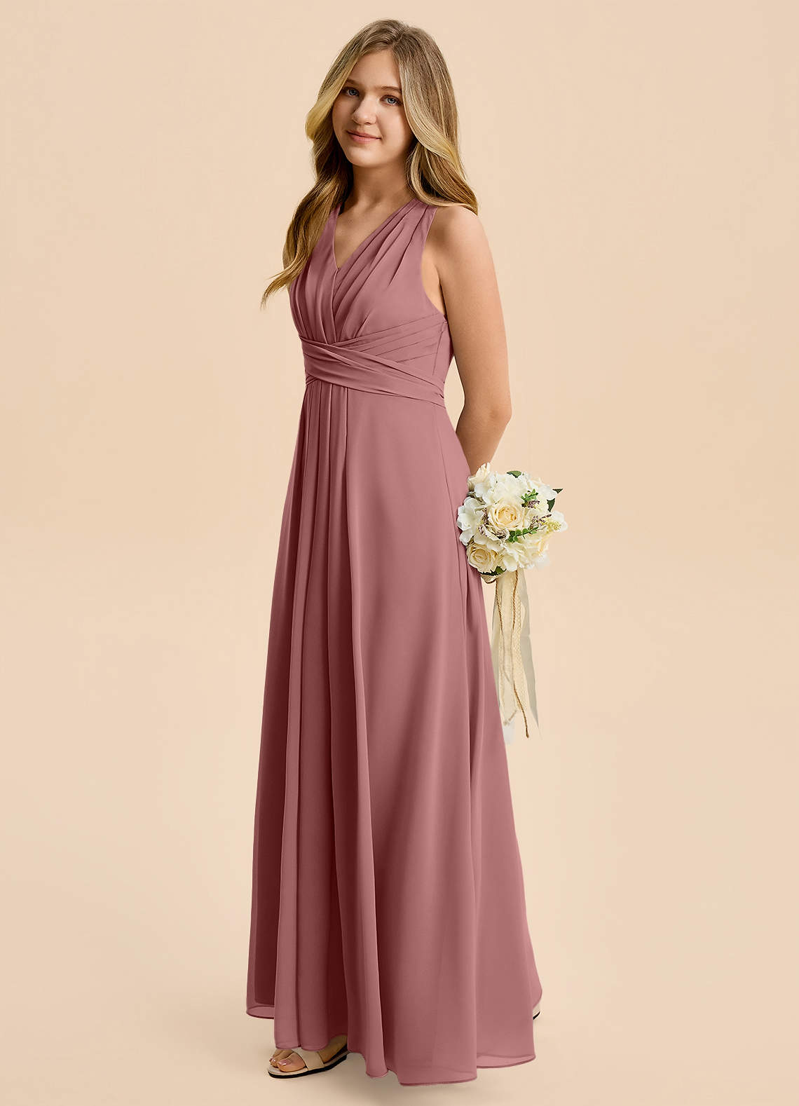 Azazie Kirsten Junior A-Linie Plissee Chiffon Kleid Wüstenrose image4