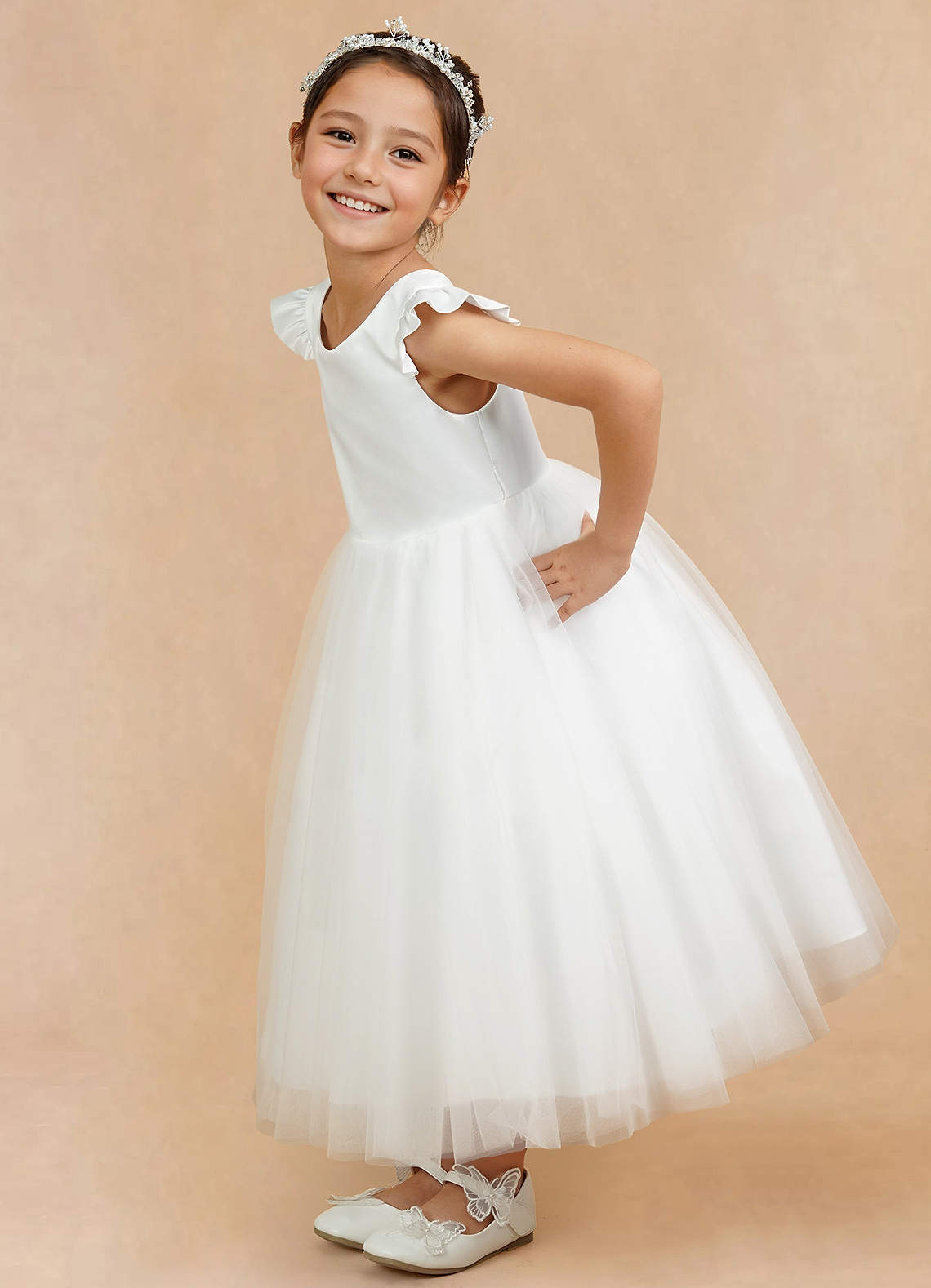 Azazie Hemi Flower Girl Dresses Ivory Dusty Rose A-Line Bow Tulle Dress image7