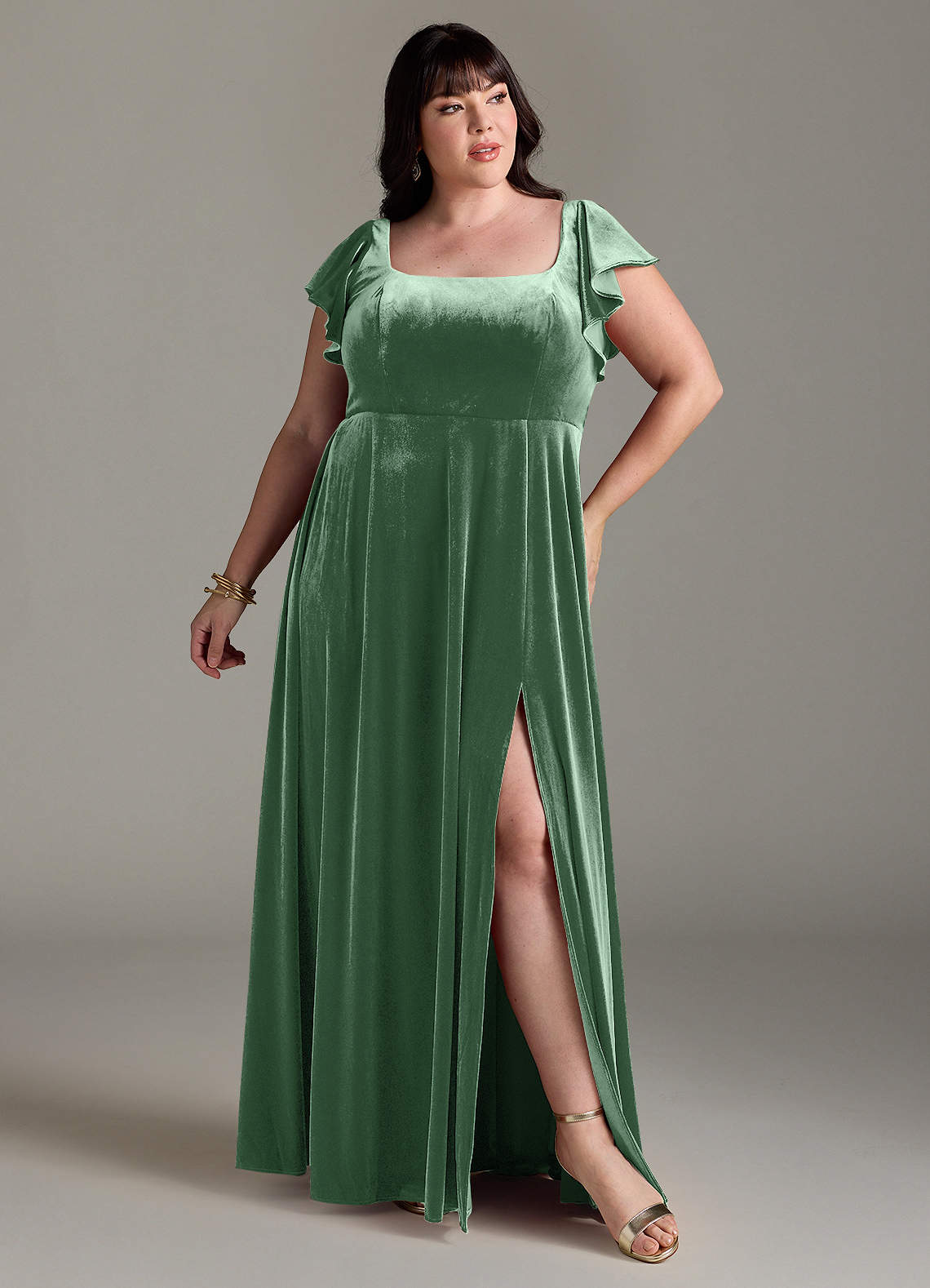 Azazie Bondi Robes de demoiselle d'honneur Robe Trapèze en velours Fente Latérale Eucalyptus image6