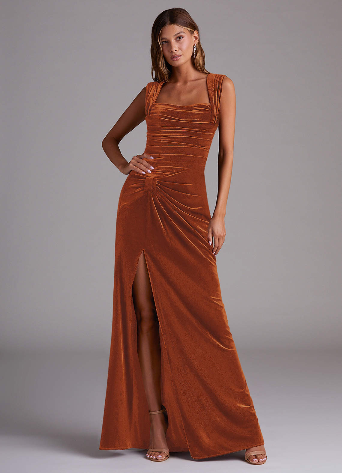 Azazie Genesis Bridesmaid Dresses Burnt Orange Sheath Pleated Velvet Dress image1