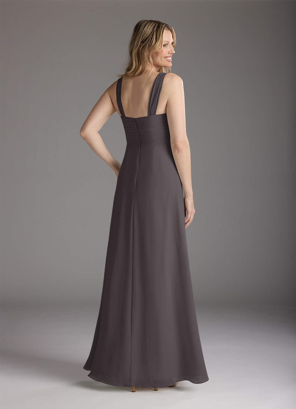 Azazie Weisz Steel Grey A-Line Square Neckline Pleated Chiffon