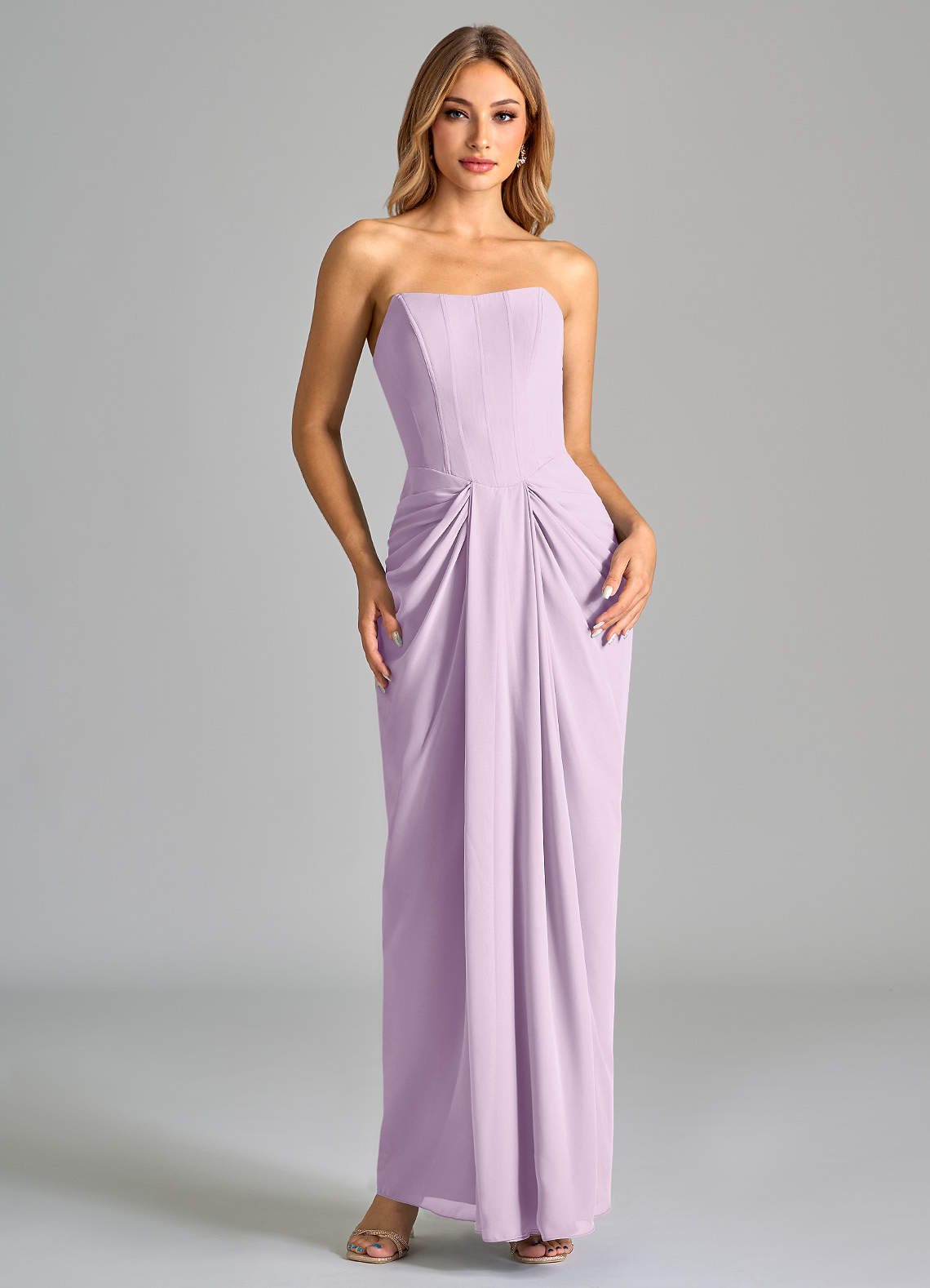 Azazie Anaïs Bridesmaid Dresses Frosted Lilac Sheath Strapless Chiffon Dress image1