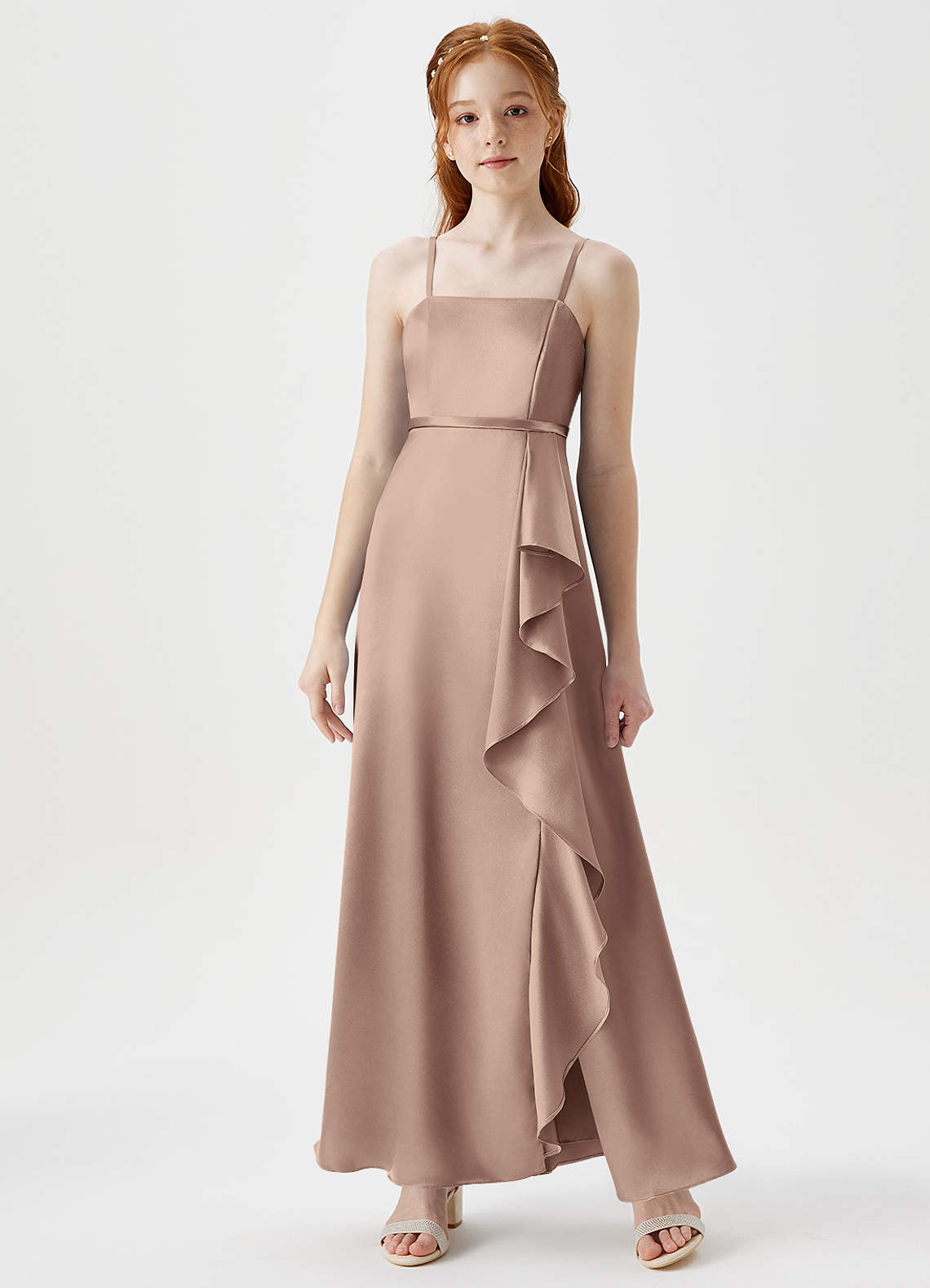 Azazie Kaylee Junior Taupe A-Line with Belt Metallic Satin Dress image1