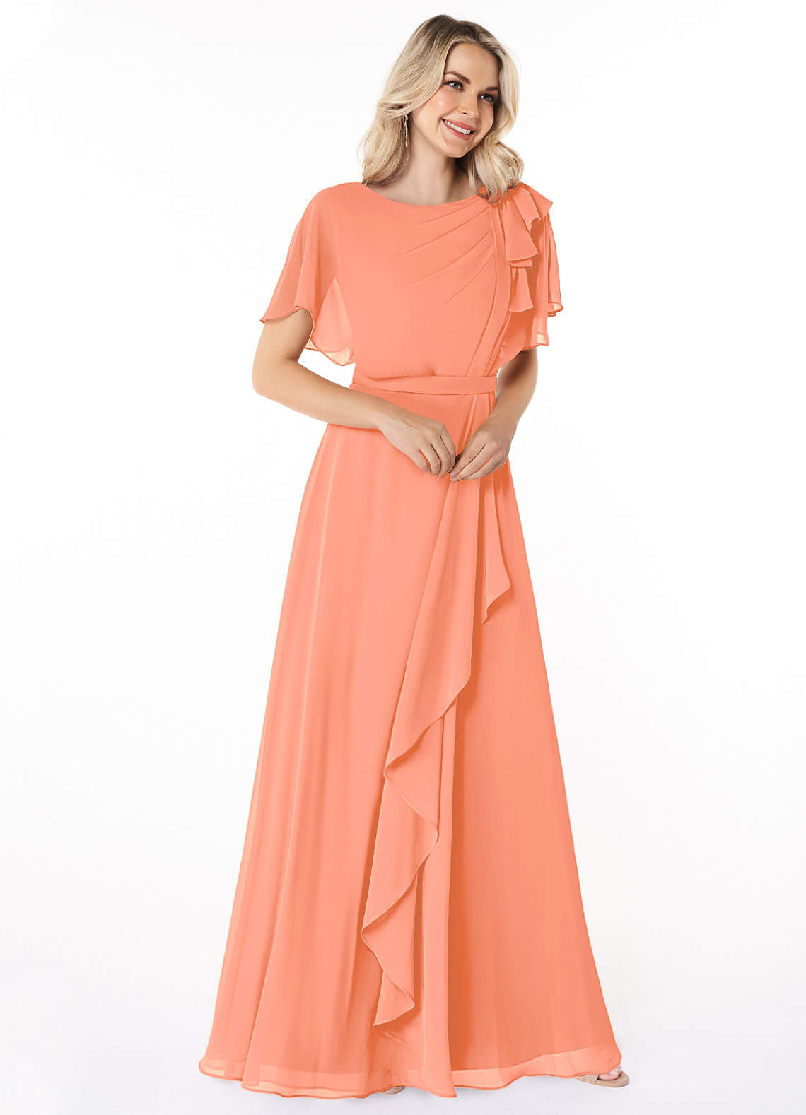 Azazie Aaliyah Modest Bridesmaid Dresses A-Line Scoop Pleated Chiffon Floor-Length Dress image2