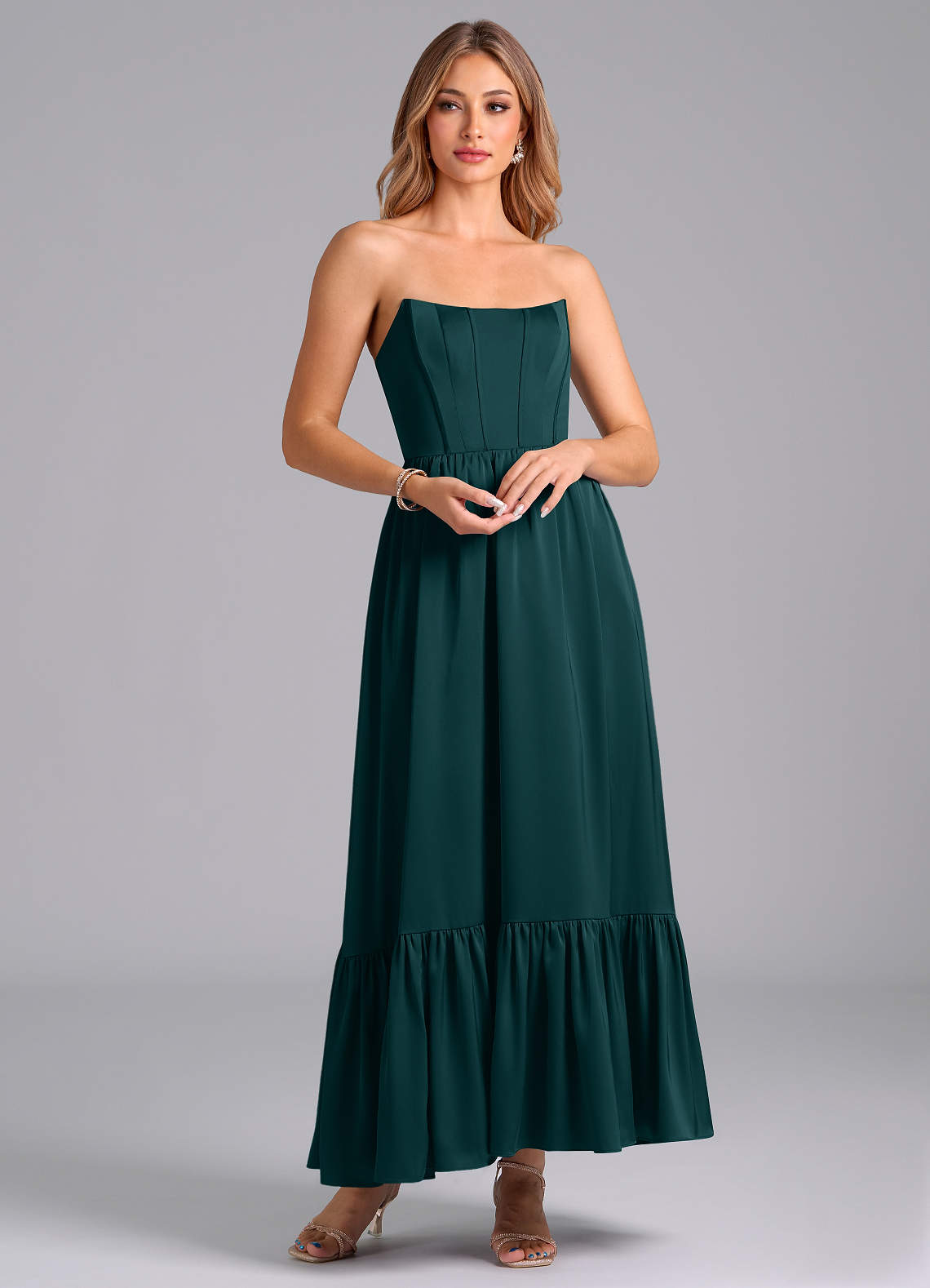 Azazie Leilana Bridesmaid Dresses Pine A-Line Corset Stretch Satin Dress image1