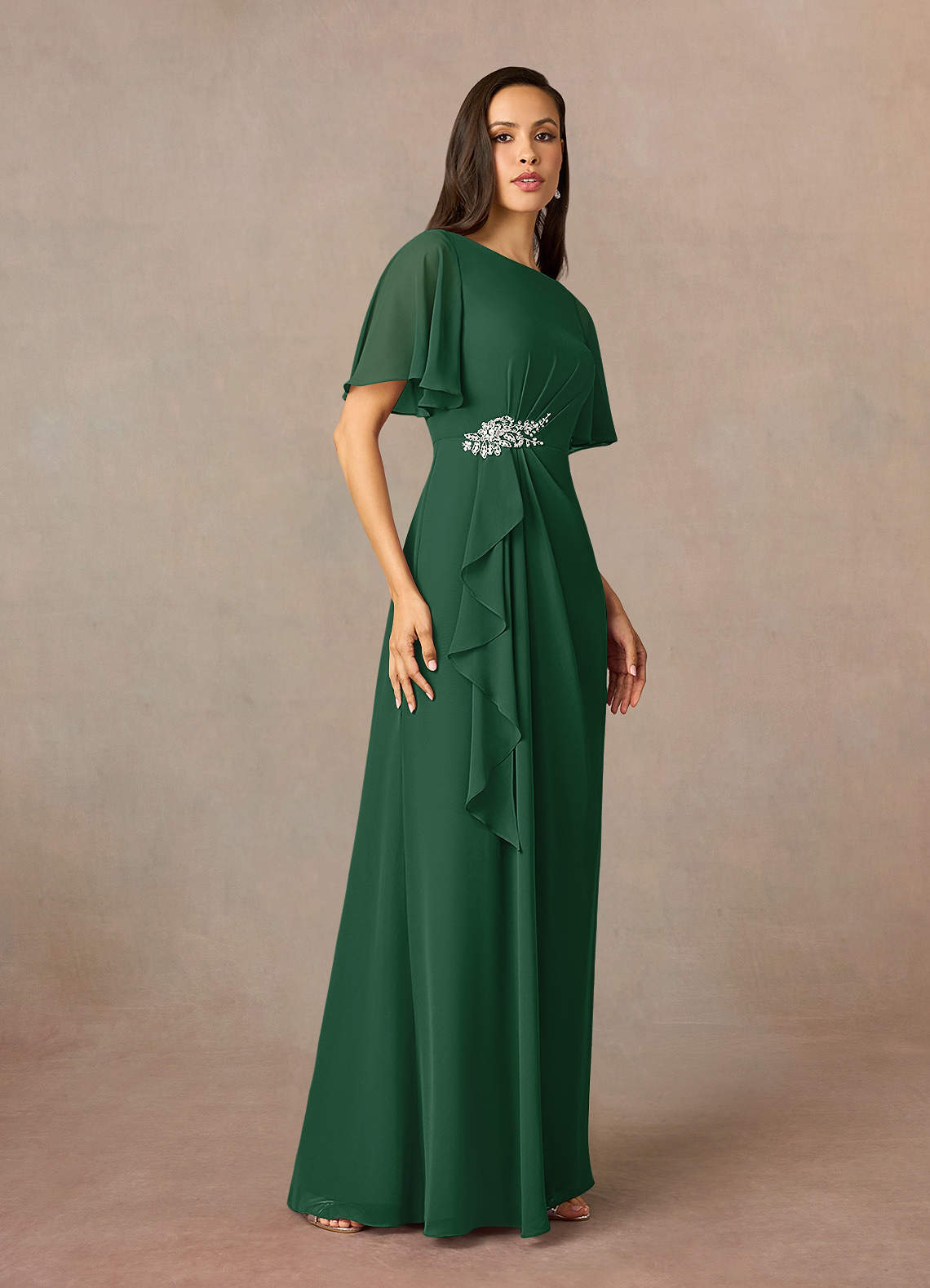 Azazie Rain Vestidos para mãe da noiva Vestido Verde Escuro de Chiffon de Bainha com Frisado image8
