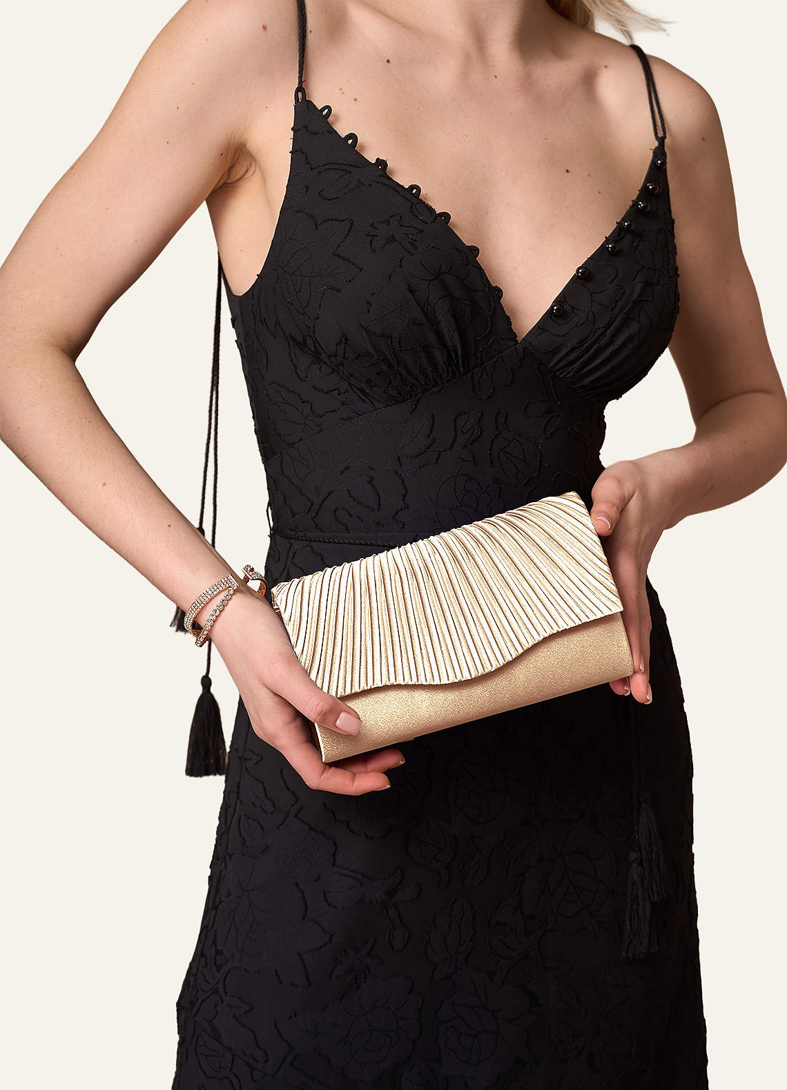front Matching Color Pleated Metallic Satin Envelope Clutch