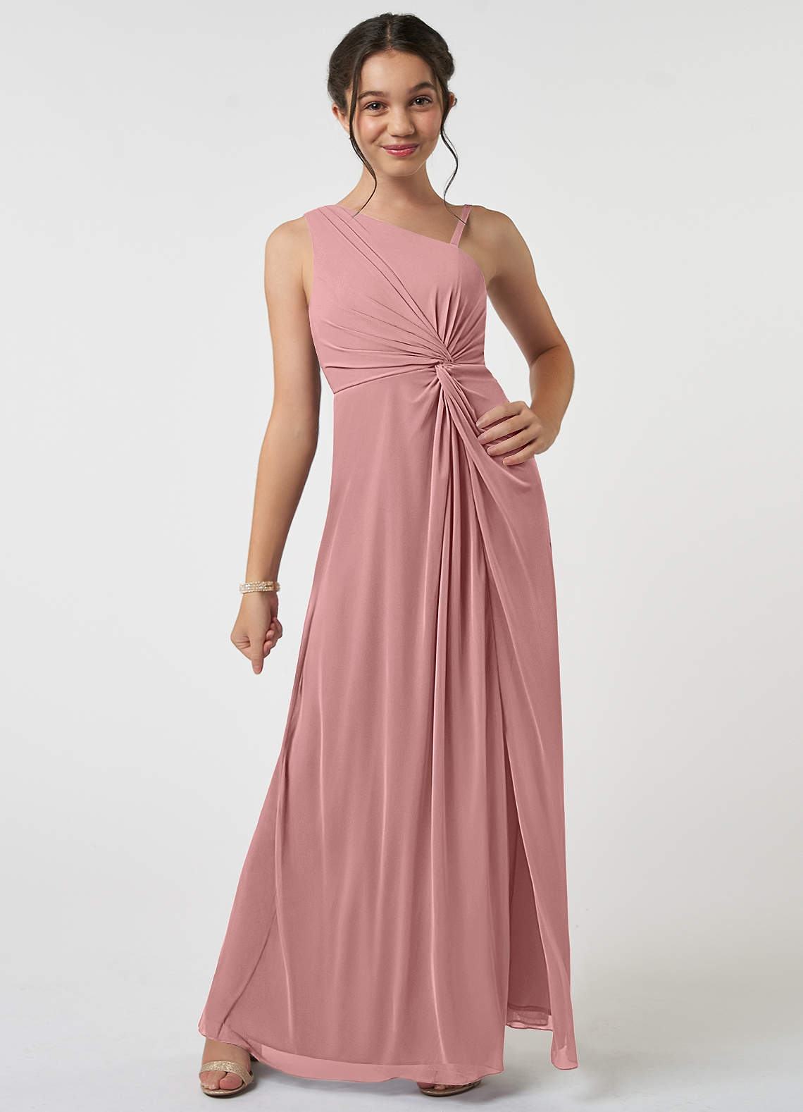Azazie Brooke Junior Dusty Rose A-Line Pleated Mesh Dress image1