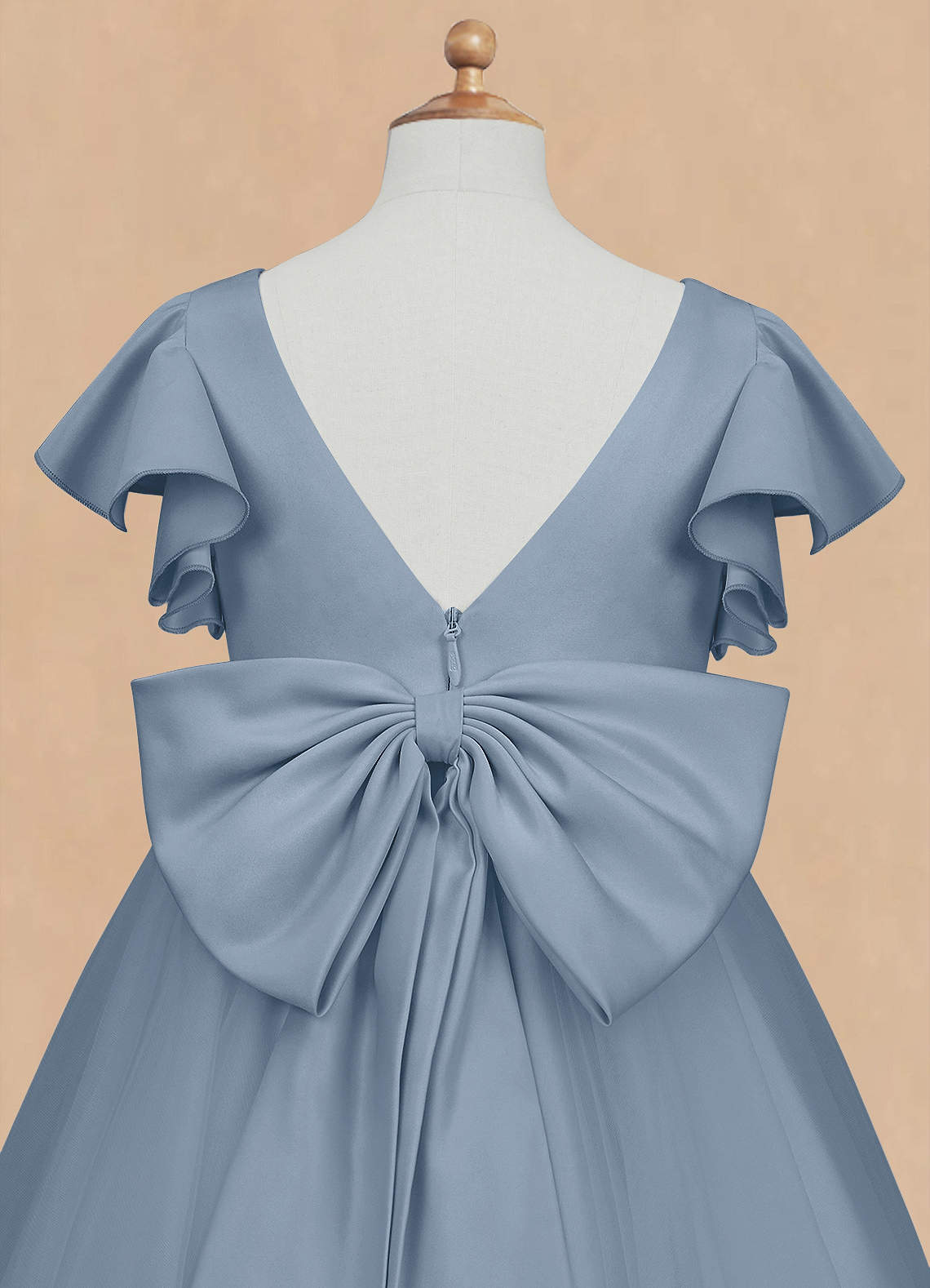 Azazie Kaeya Robe Demoiselle D'honneur Fillette Robe Trapèze en Tulle Arc Bleu Poussiéreux image7