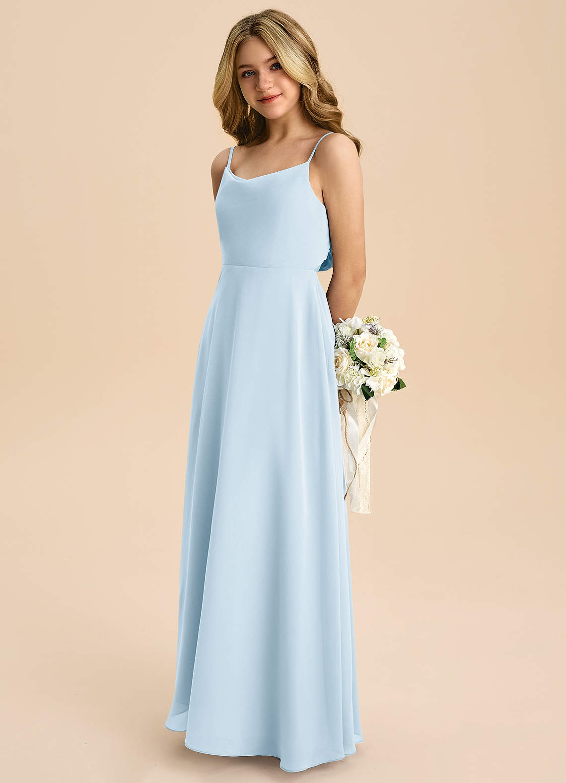 Azazie Shale Junior Sky Blue A-Line Bow Chiffon Dress image5