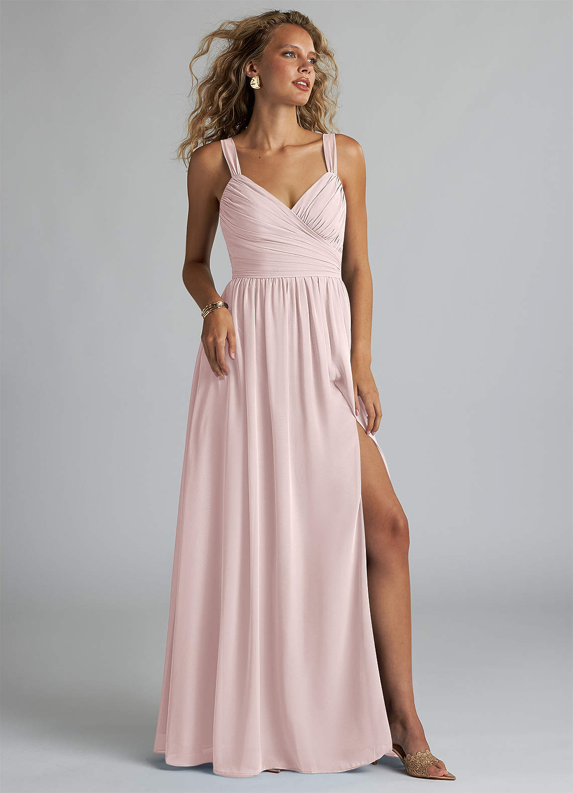 Azazie Aziza Bridesmaid Dresses Blushing Pink A-Line V-Neck Pleated Chiffon Dress image1