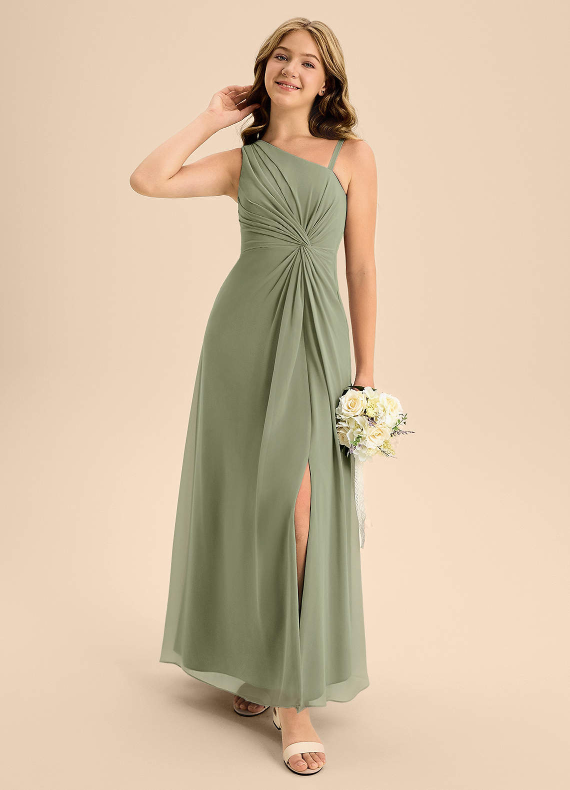 Azazie Brooke Junior Pistachio A-Line Side Slit Chiffon Dress image1