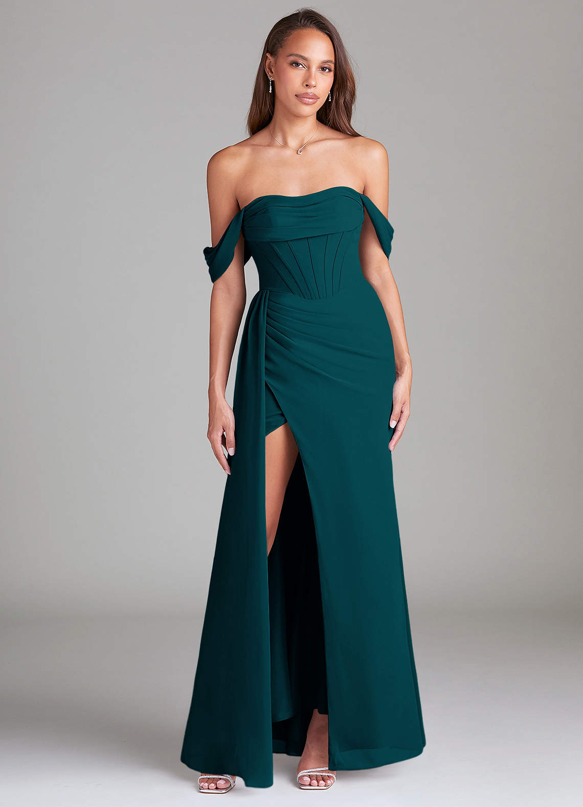 Azazie Amyra Bridesmaid Dresses Pine Sheath Off the Shoulder Chiffon Convertible Dress image1