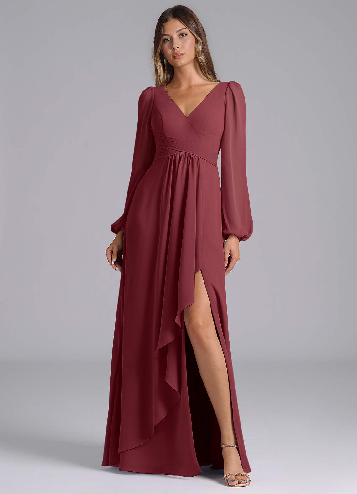 Azazie Omari Bridesmaid Dresses Merlot A-Line Long Sleeve Chiffon Dress image1
