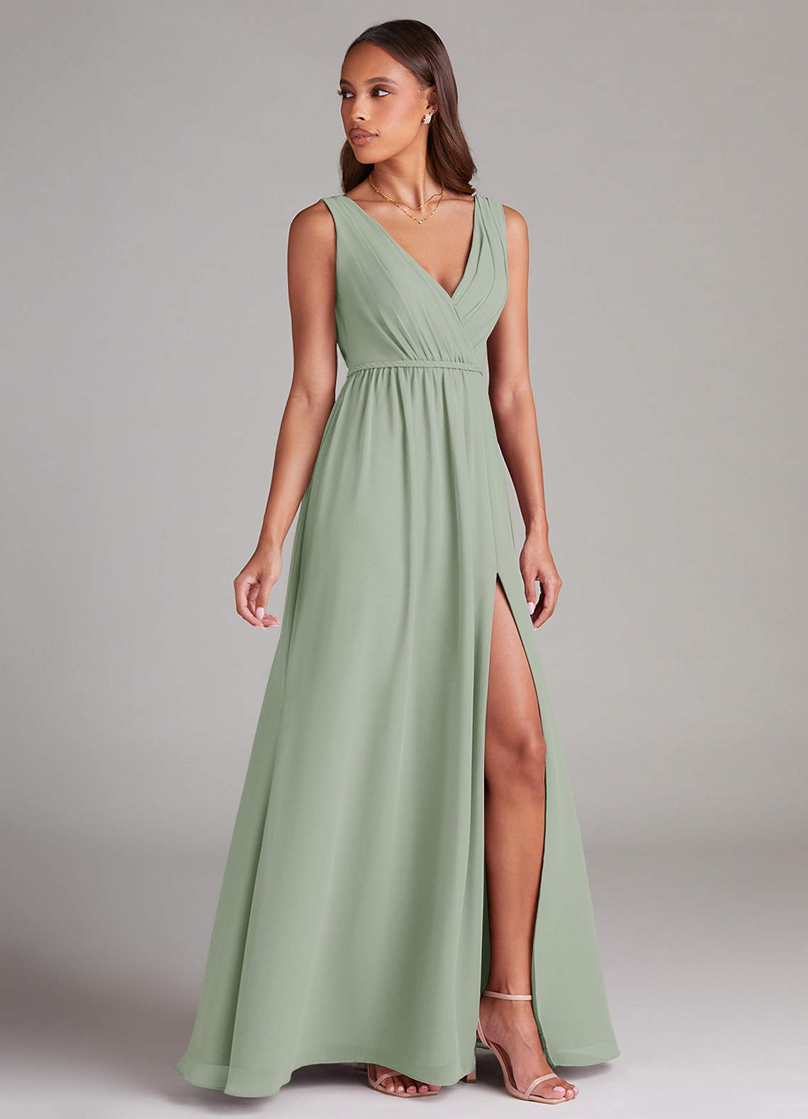 Azazie Tanicia Bridesmaid Dresses Dusty Sage A-Line Pleated Chiffon Dress image2