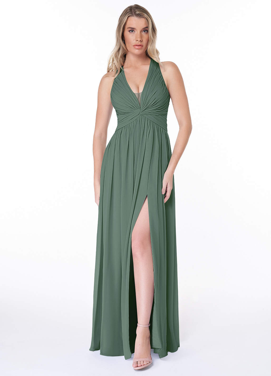 Azazie Jaclyn Bridesmaid Dresses Eucalyptus A-Line Pleated Chiffon Dress image1