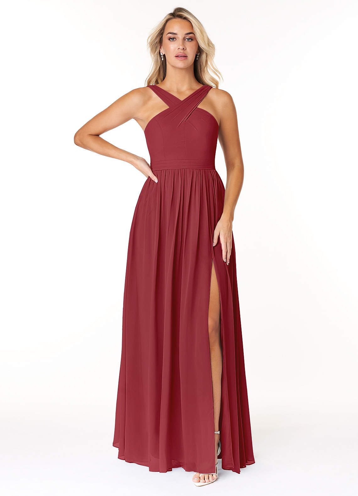 Azazie Elvira Bridesmaid Dresses Pomegranate A-Line Pleated Chiffon Dress image1