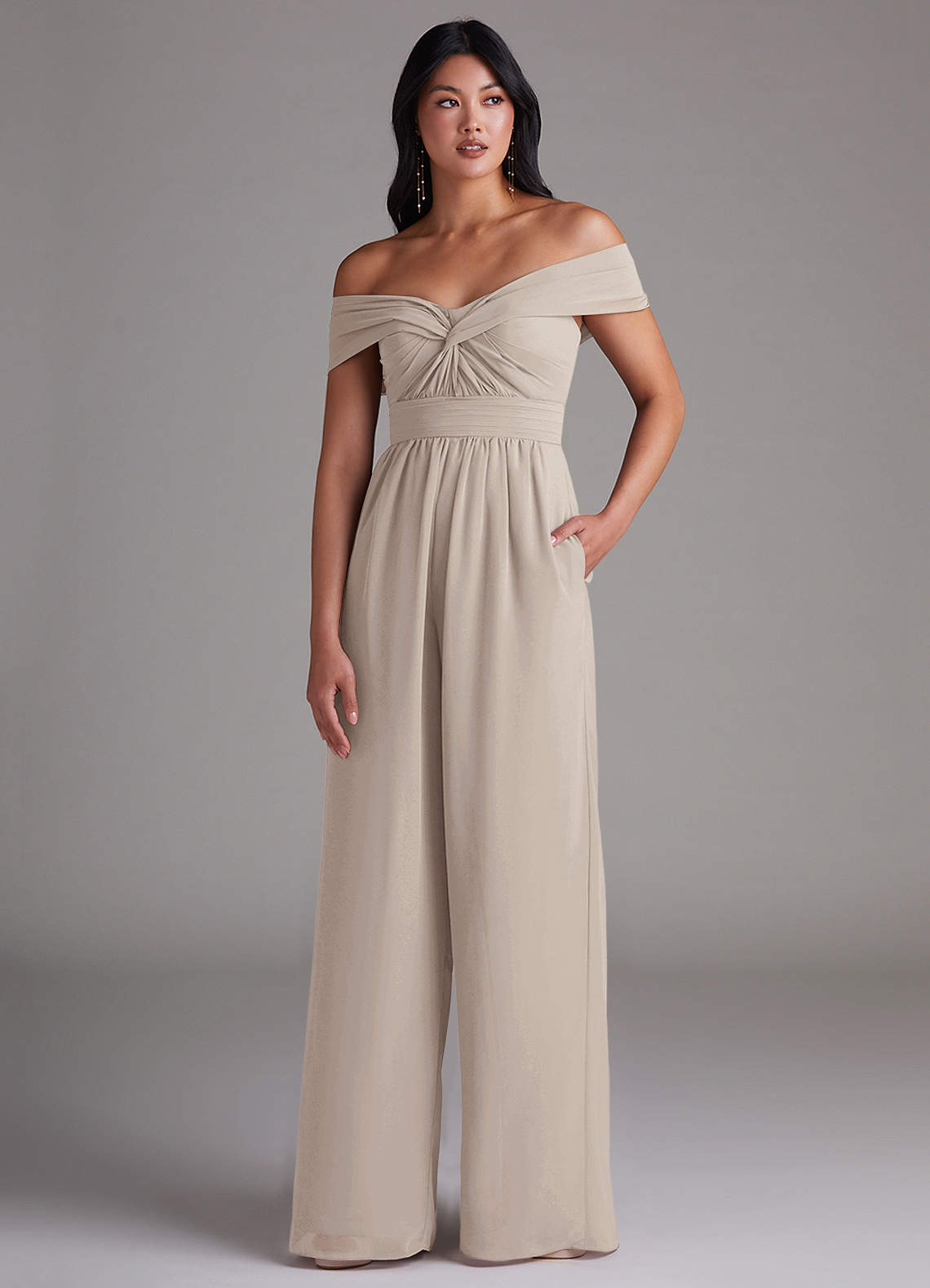 Azazie Lamara Bridesmaid Dresses Frost Off the Shoulder Chiffon Convertible Jumpsuit image1
