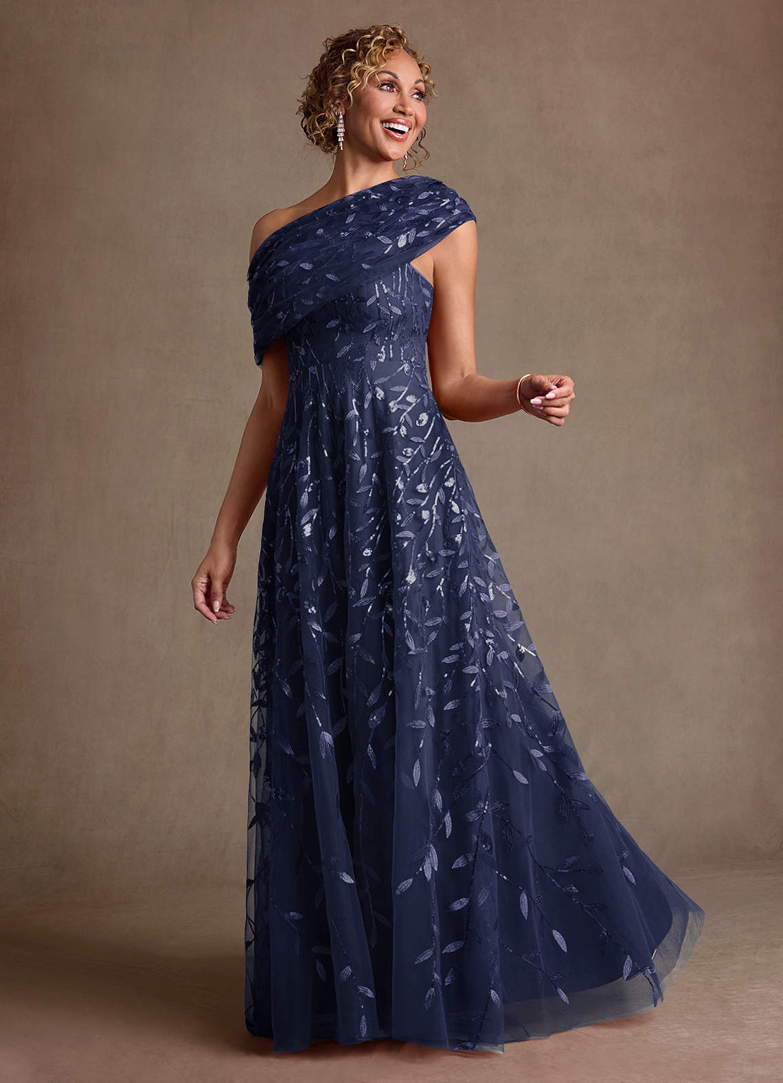 Azazie Sidney Dark Navy A-Line Off the Shoulder Lace Dress Ready