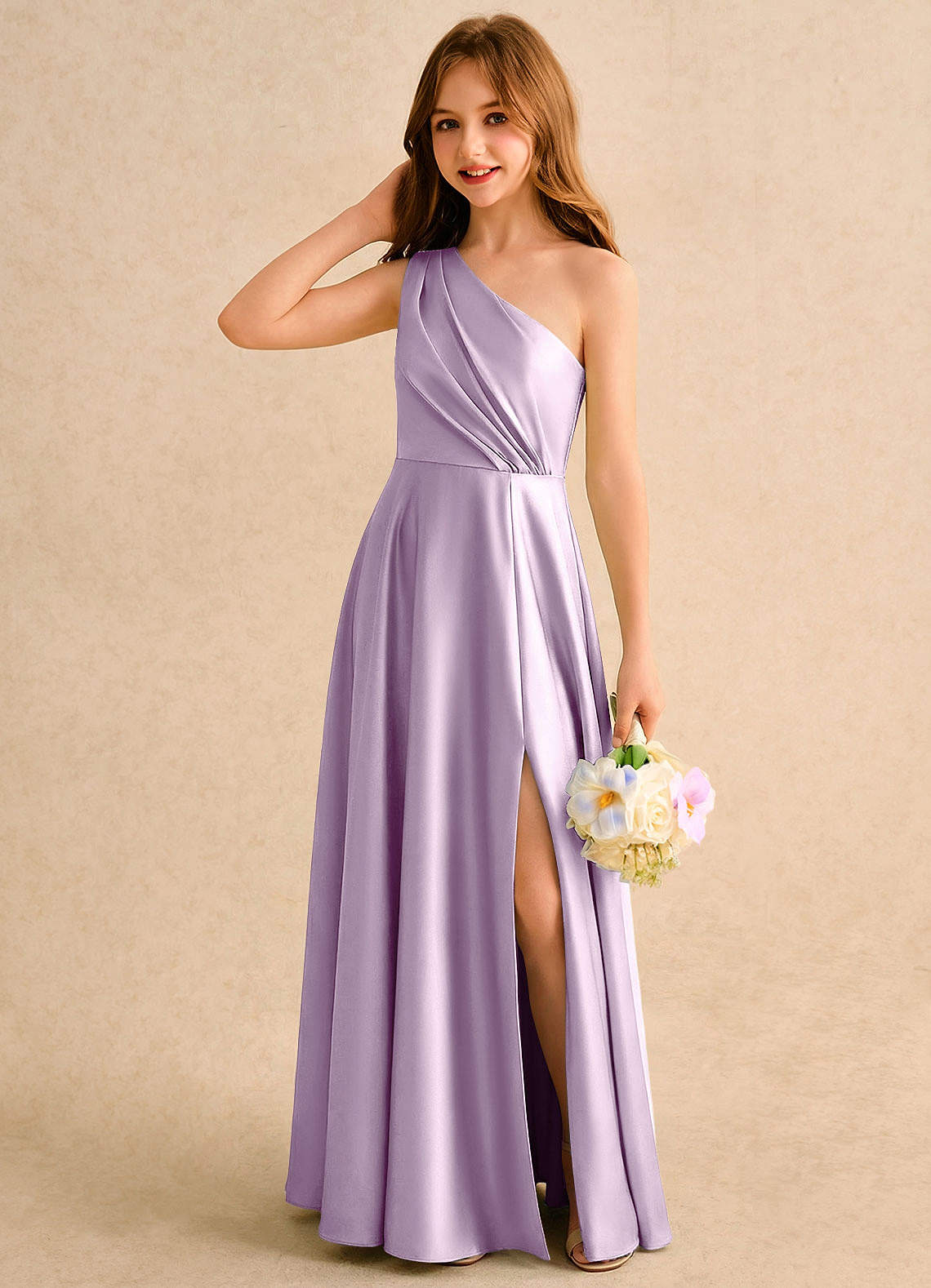 Azazie Puddles Girls Formal Flower Girl Klänningar Klänning A-Line i Stretch Satin One-shoulder image2