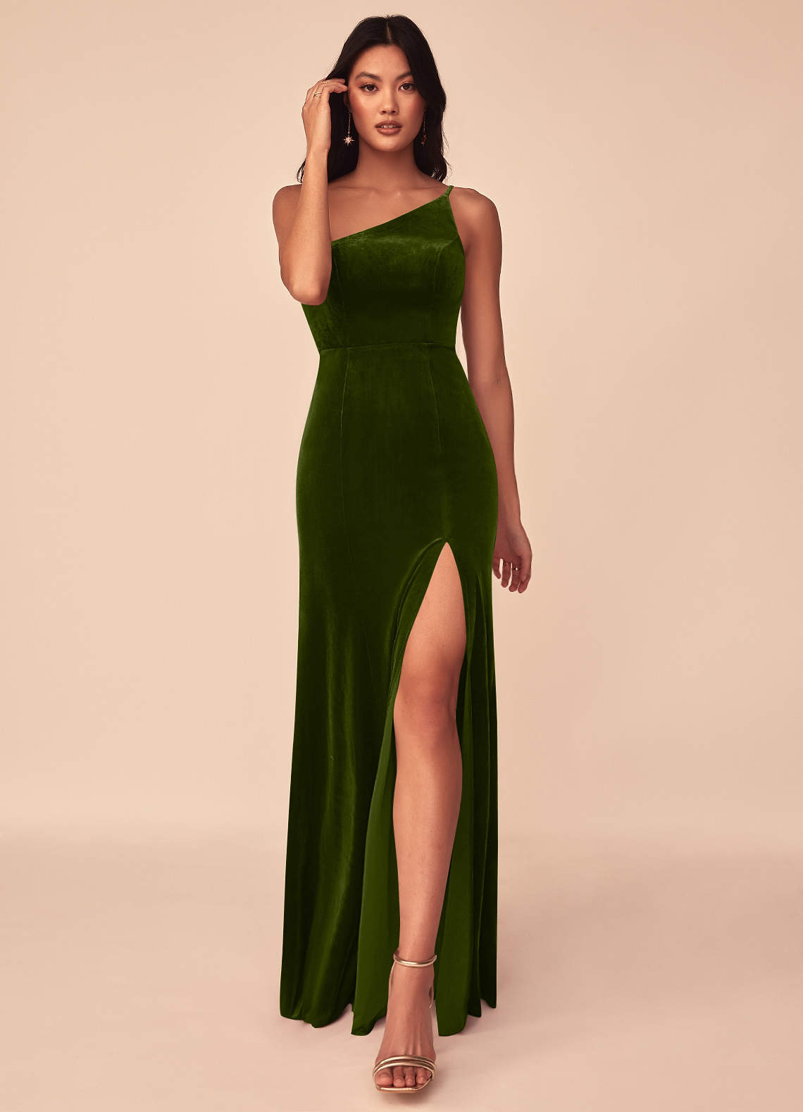 Azazie Kala At-home Try On Dresses Burgundy A-Line One Shoulder Velvet Dress image1