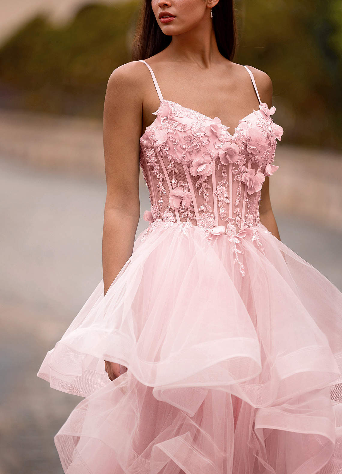 Dreama Blushing Pink Lace Corset Ruffle Prom Dress
