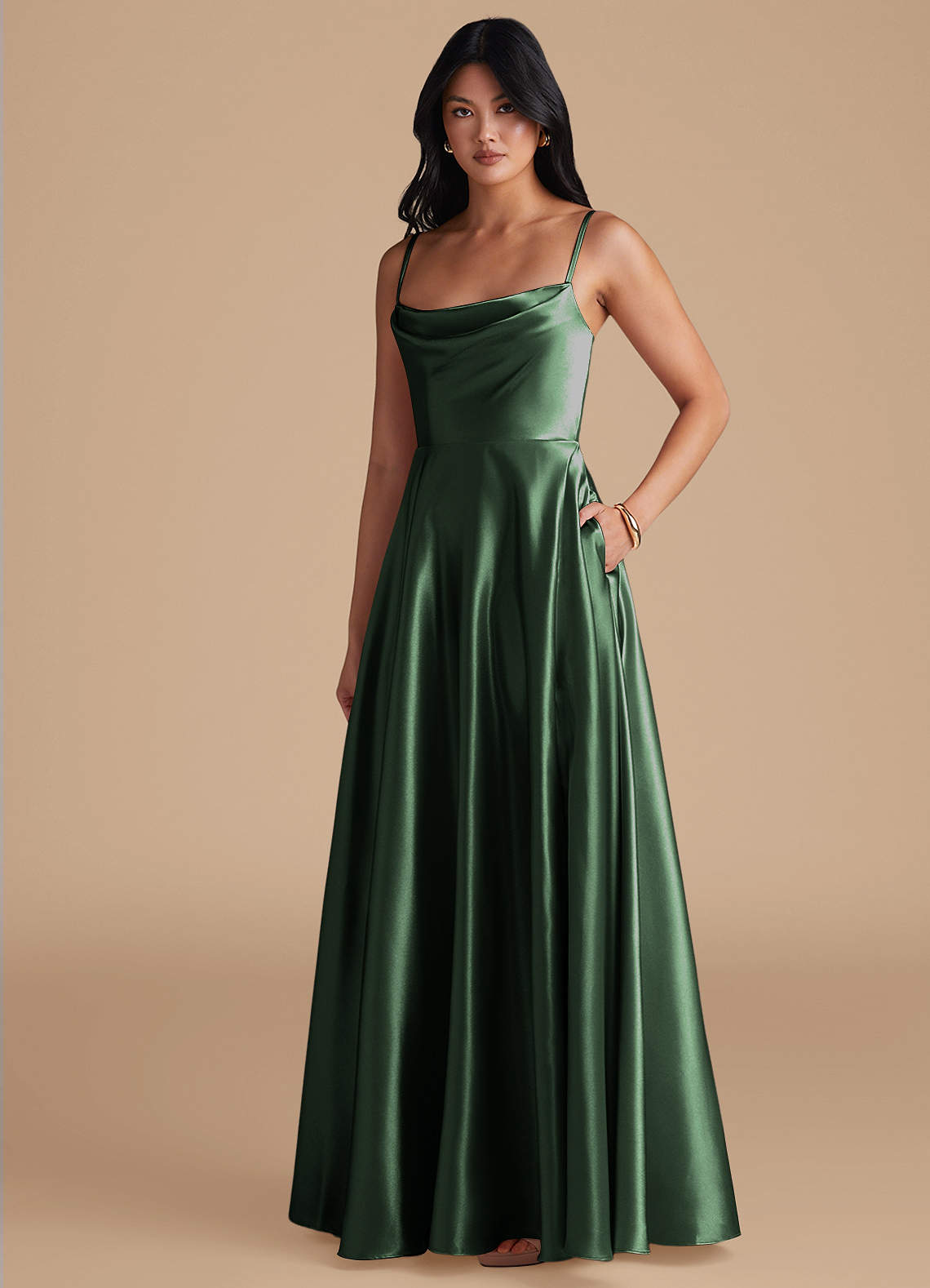 Azazie Elle Bridesmaid Dresses Eucalyptus A-Line with Pockets Metallic Satin Dress image1