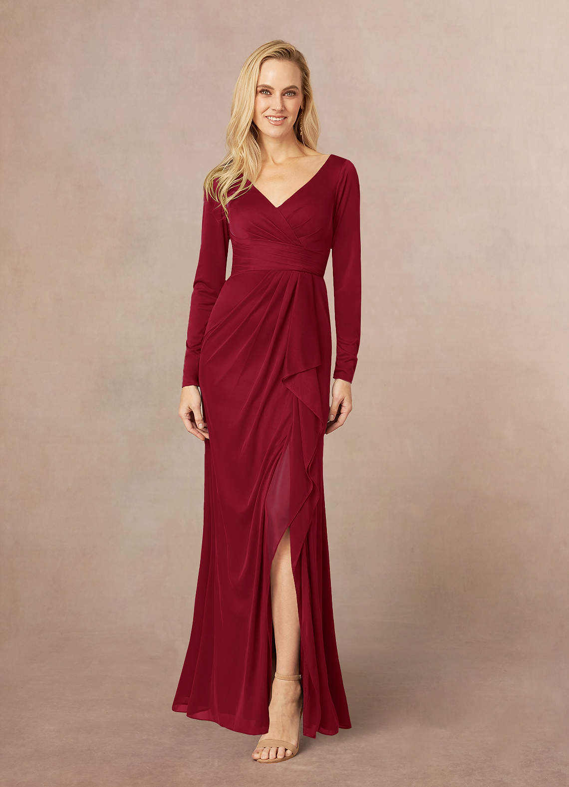 Azazie Risa Mother of the Bride Dresses Burgundy Mermaid V-Neck Pleated Mesh Dress image1