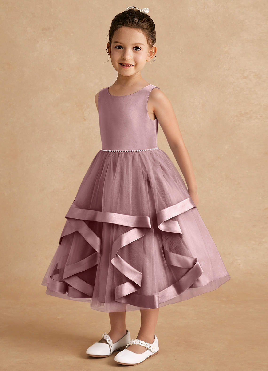 Azazie Posy Flower Girl Dresses Dusty Rose A-Line Beaded Tulle Dress image2
