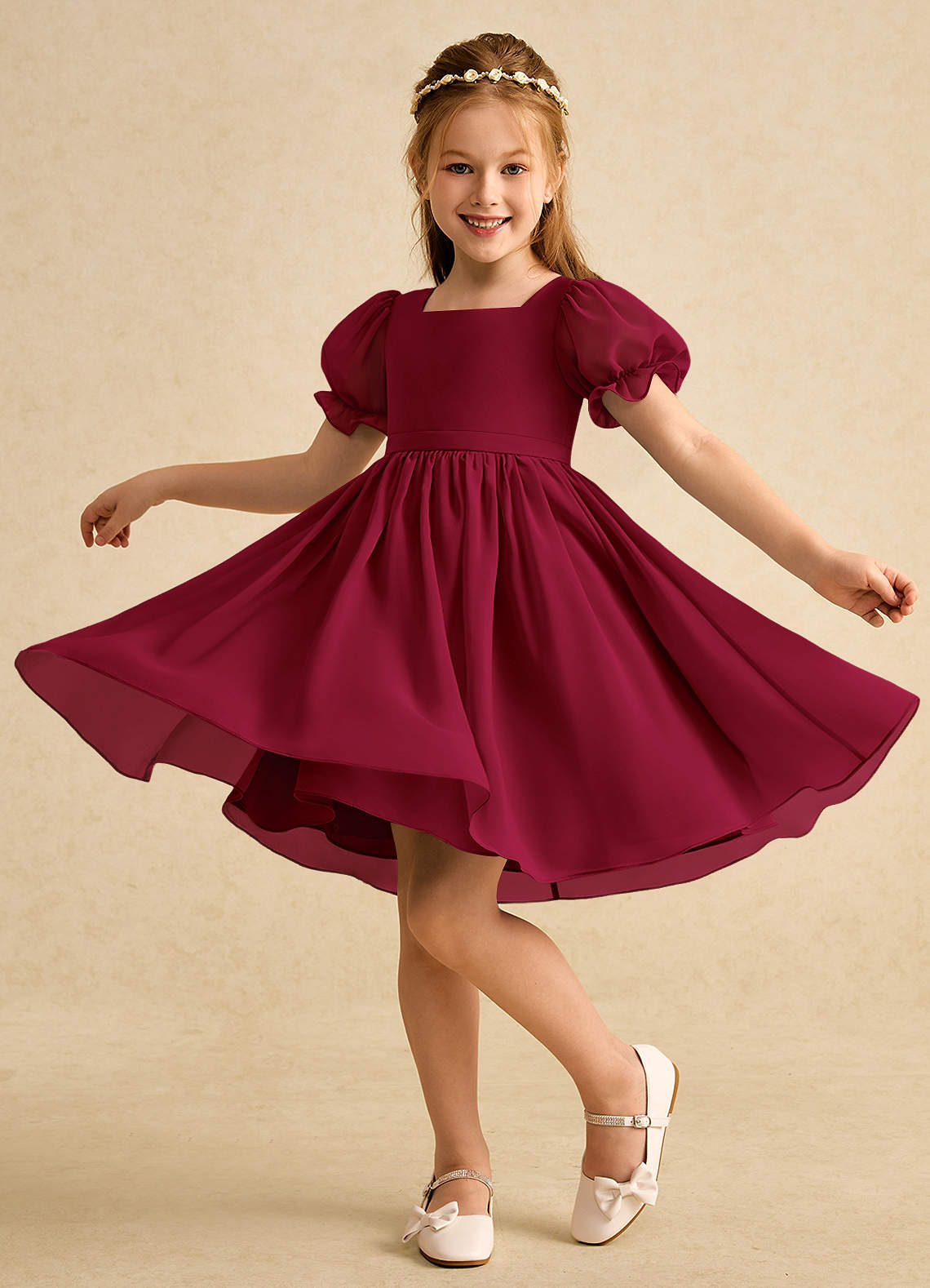 Azazie Jolie Flower Girl Dresses Burgundy A-Line with Sleeves Chiffon Dress image2