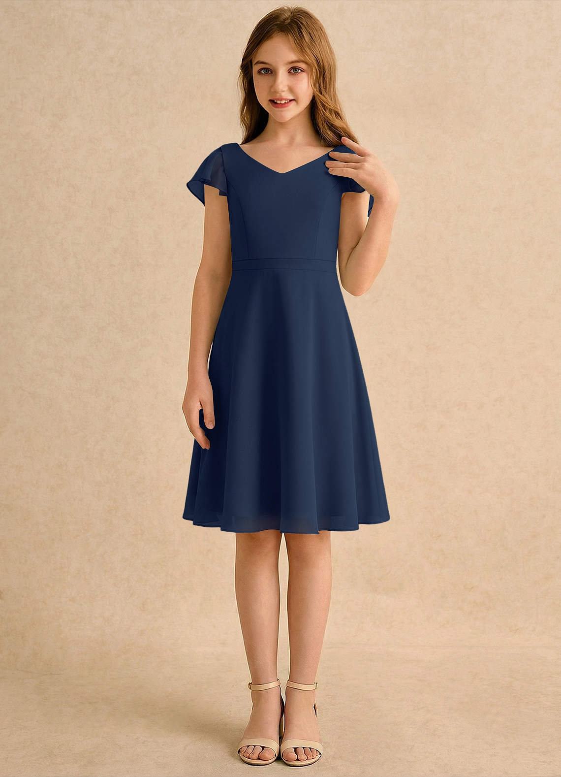 Azazie Narin Girls Formal Sukienki dla dziewczynek sypiących kwiaty Linia A z rękawami Szyfon Długość do kolan Sukienka image3