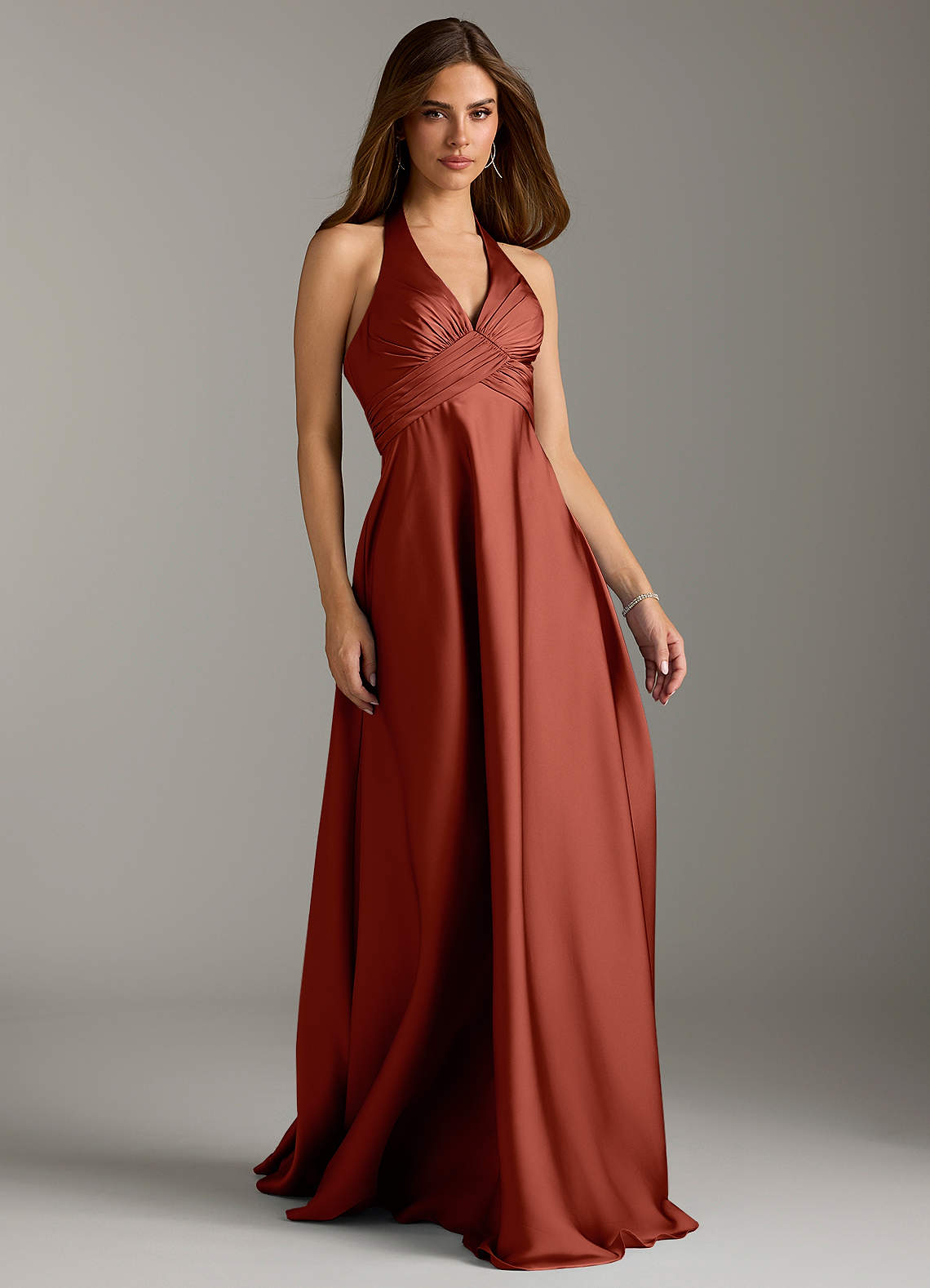 Azazie Tessie Bridesmaid Dresses Terracotta A-Line Pleated Stretch Satin Dress image1