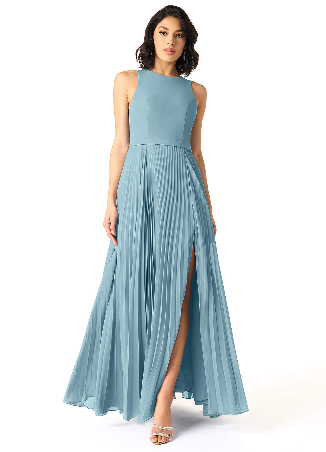 Azazie Lindie Bridesmaid Dresses Moody Blue A-Line Scoop Pleated Chiffon Dress image1