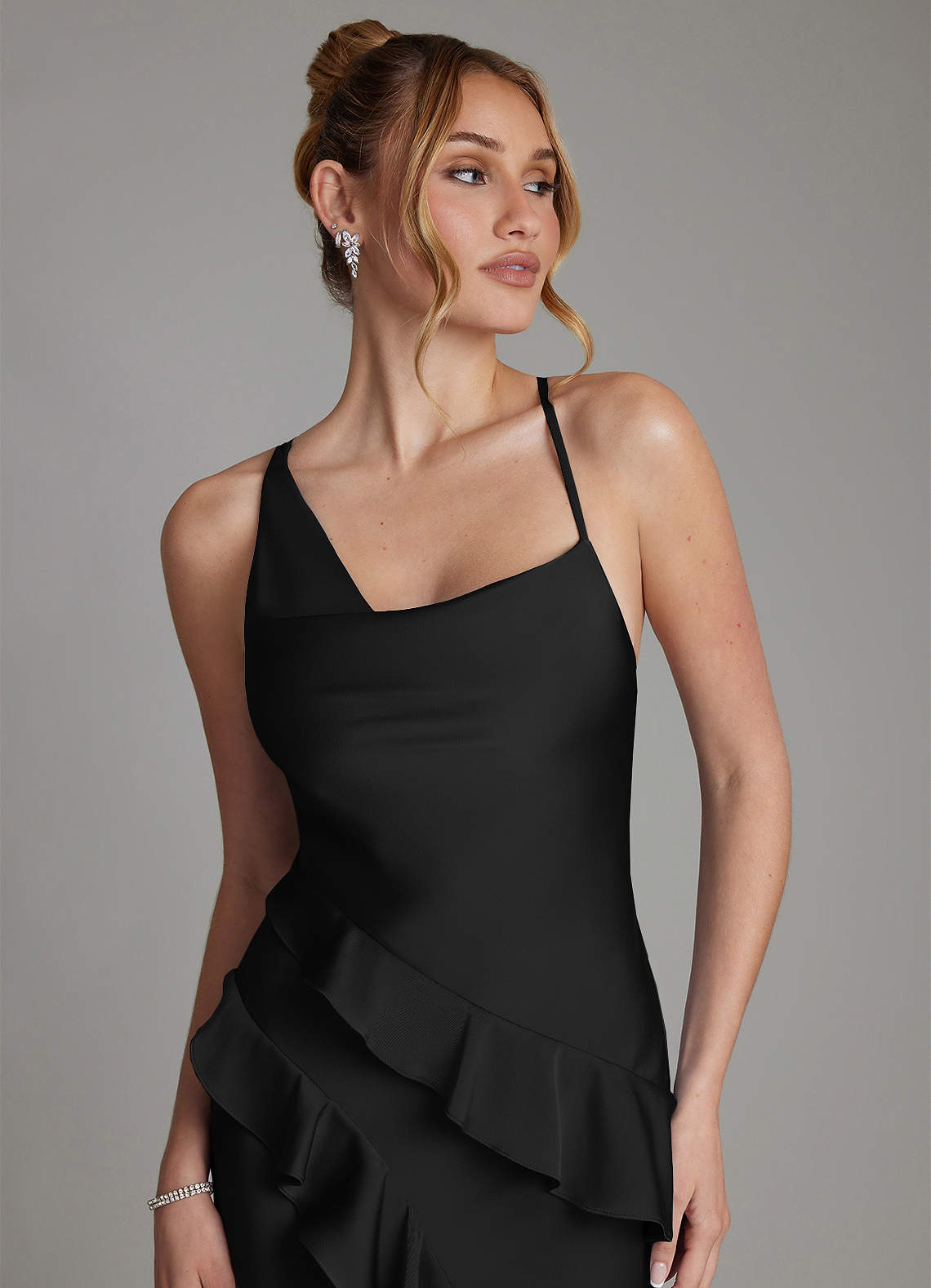 Azazie Jayda Essayer des robes à la maison Robe Trapèze en Satin extensible Rayé Noir image2