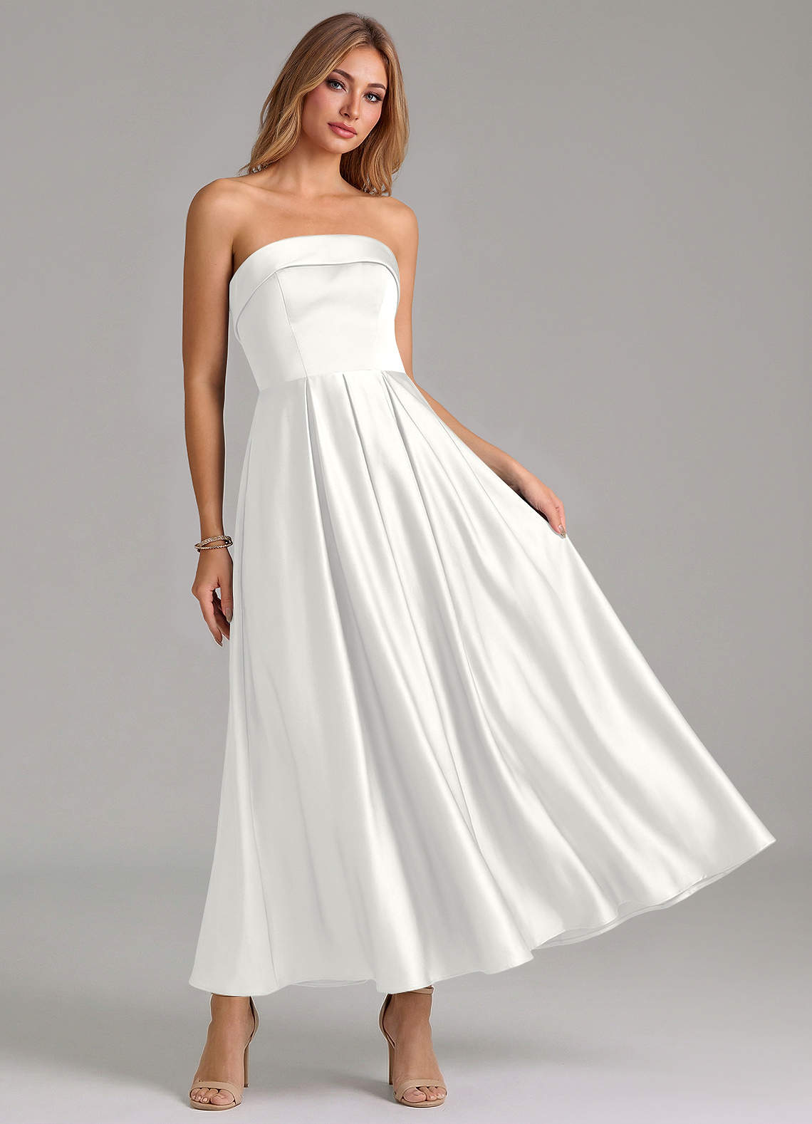 Azazie Lucienne Bridesmaid Dresses White A-Line Pleated Stretch Satin Dress image6