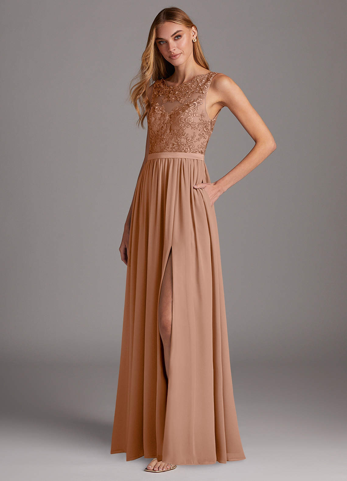 Azazie Elly Bridesmaid Dresses Champagne Rose A-Line Lace Scoop Neck Chiffon Dress image1