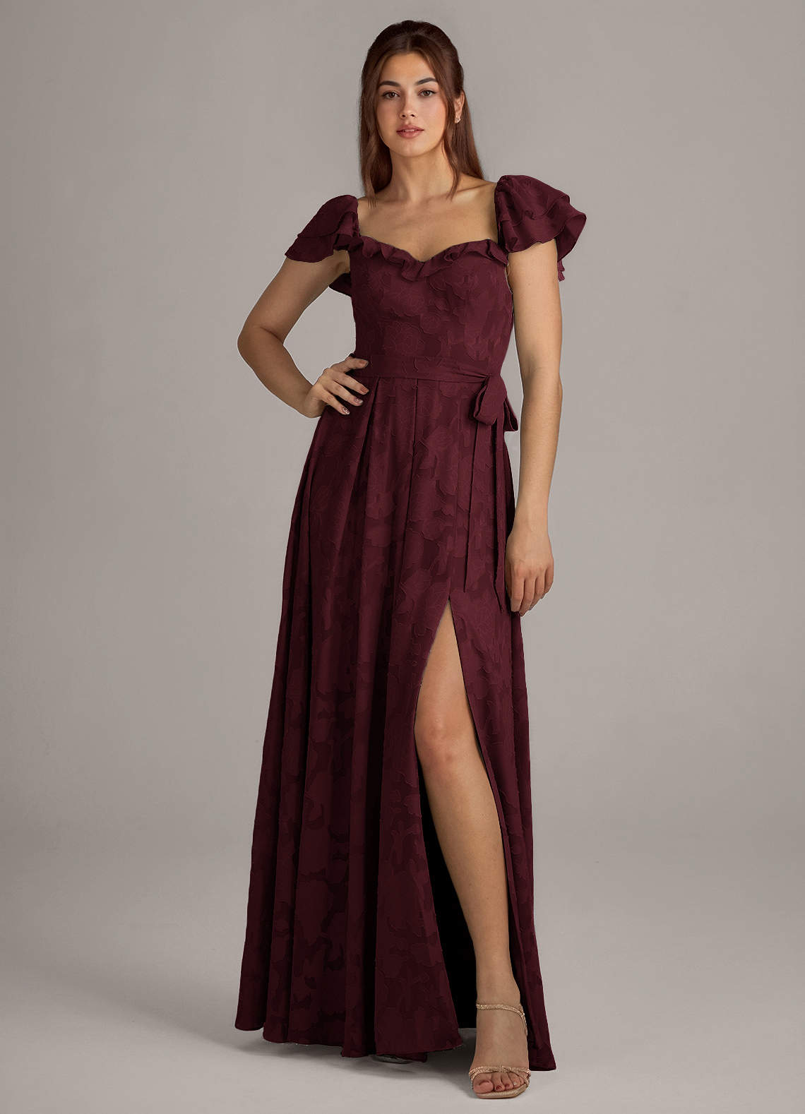 Azazie Aricella Bridesmaid Dresses Cabernet A-Line Corset Floral Burnout Dress image1