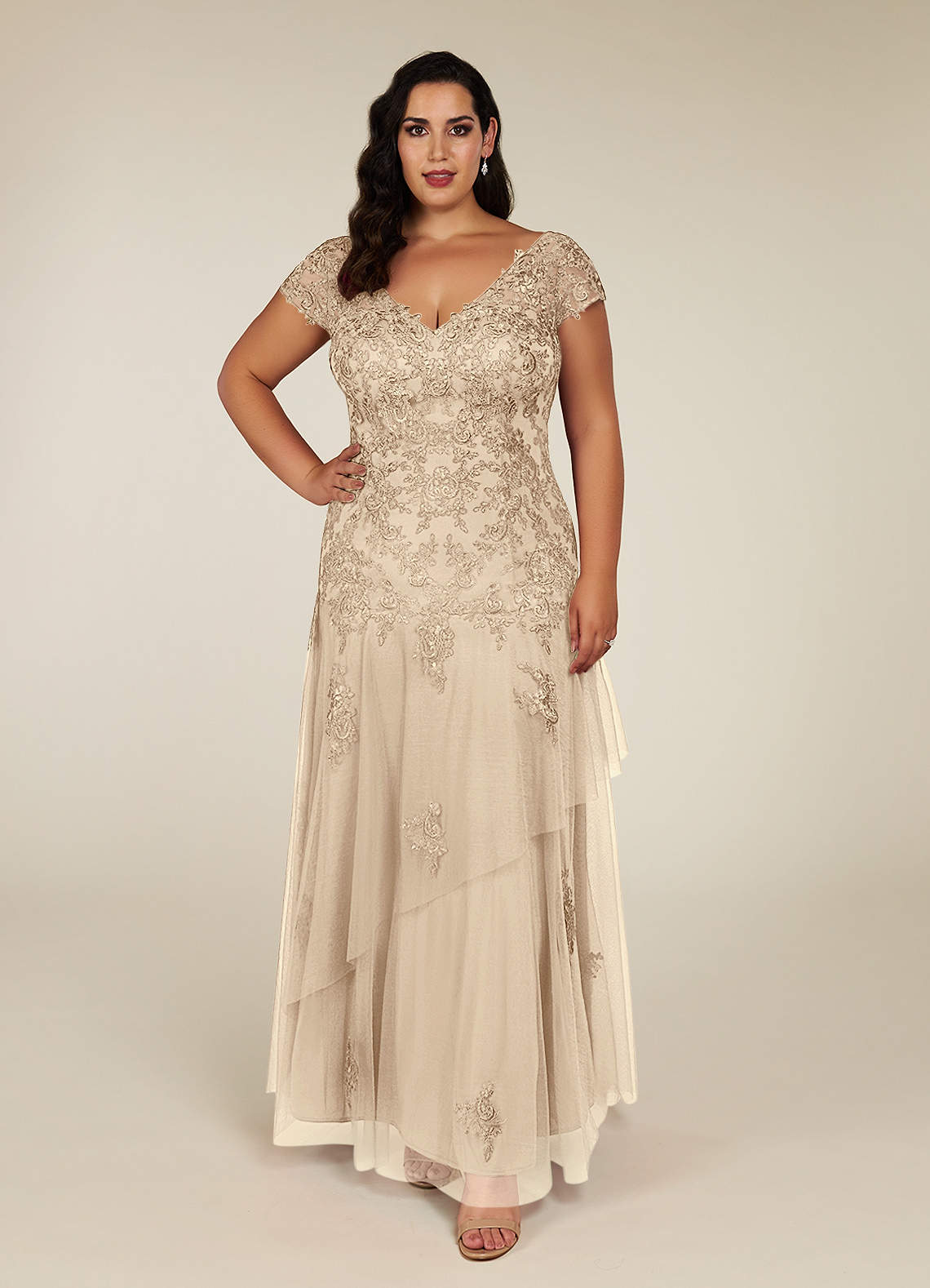Lace and Tulle Floor Length Dress with V neck Marigold Plus Size